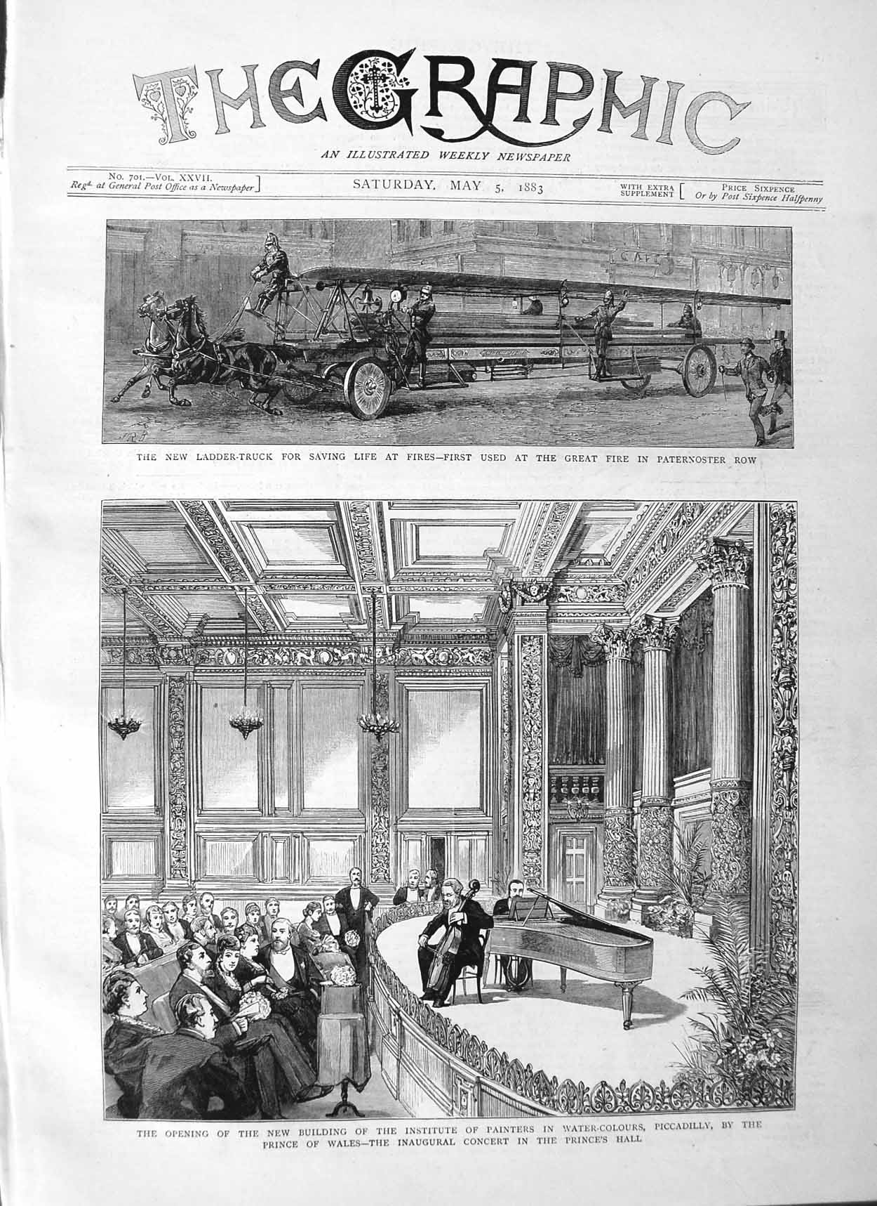 Old Antique Print 1883 Prince Wales Concert Piccadilly Fire Ladder-Truck 19th