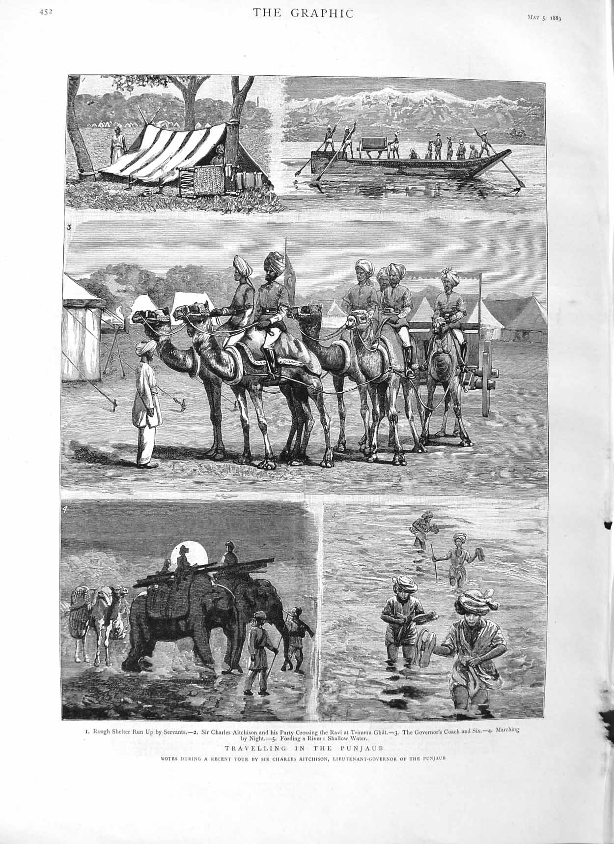 Old Antique Print 1883 Travelling Punjaub Elephant Camels Aitchison Ghat 19th