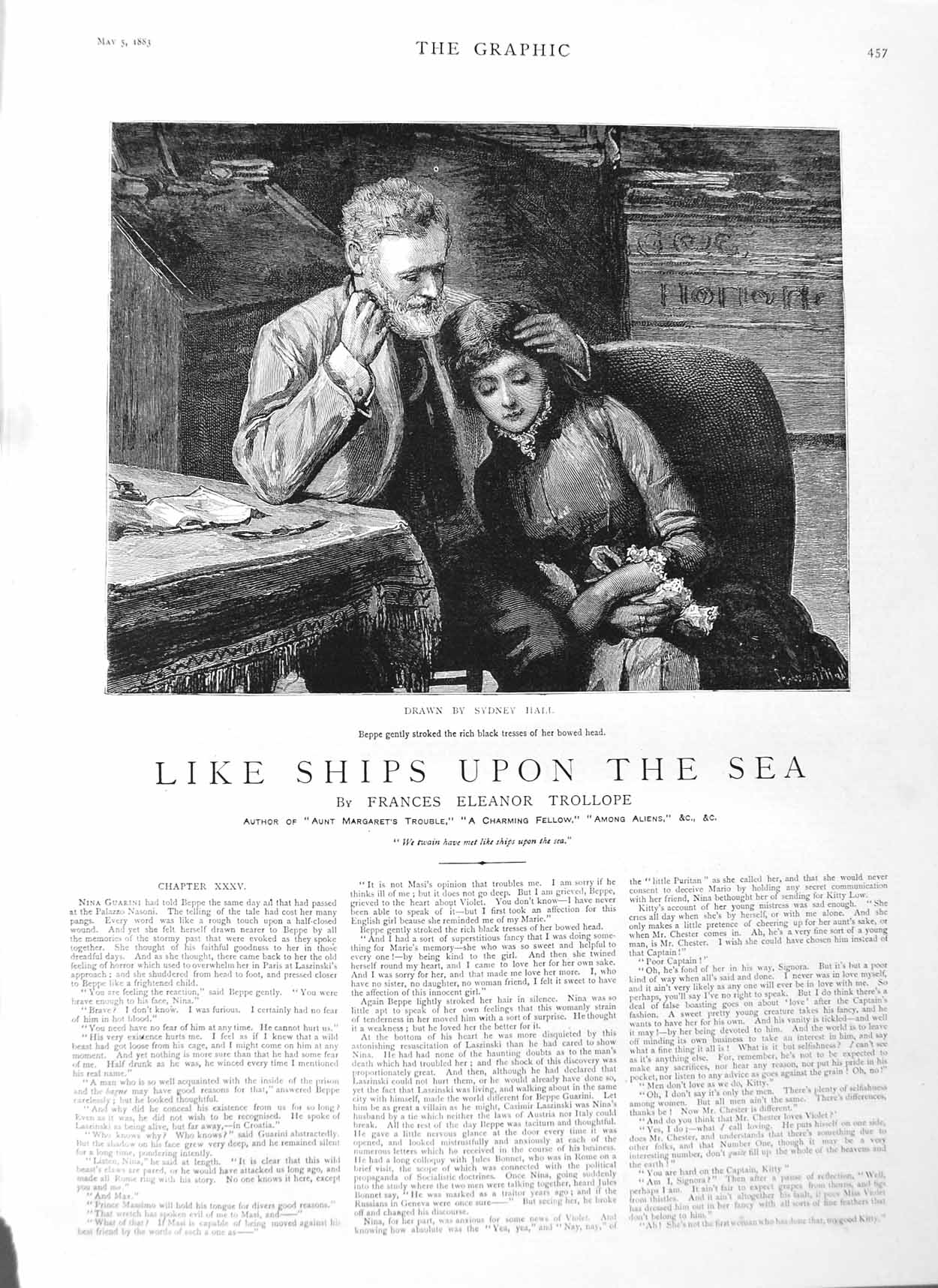 Old Antique Print 1883 Illustration Story Like Ships Upon Sea Beppe Girl 19th