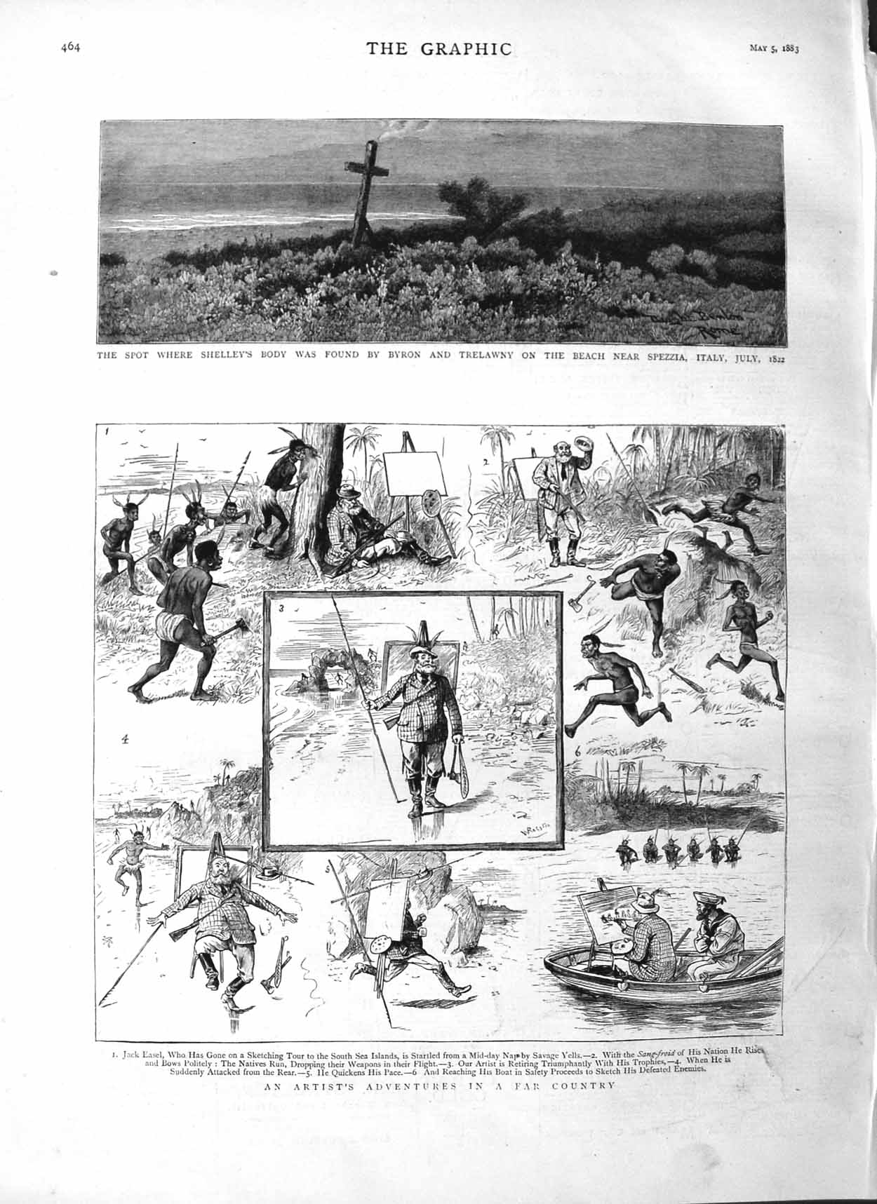 Original Old Antique Print 1883 Shelley Body Byron Trelawny Spezzia Italy Easel