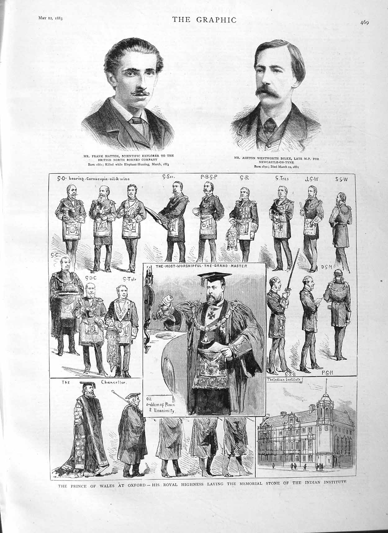 Old Antique Print 1883 Prince Wales Oxford Indian Memorial Hatton Dilke 19th