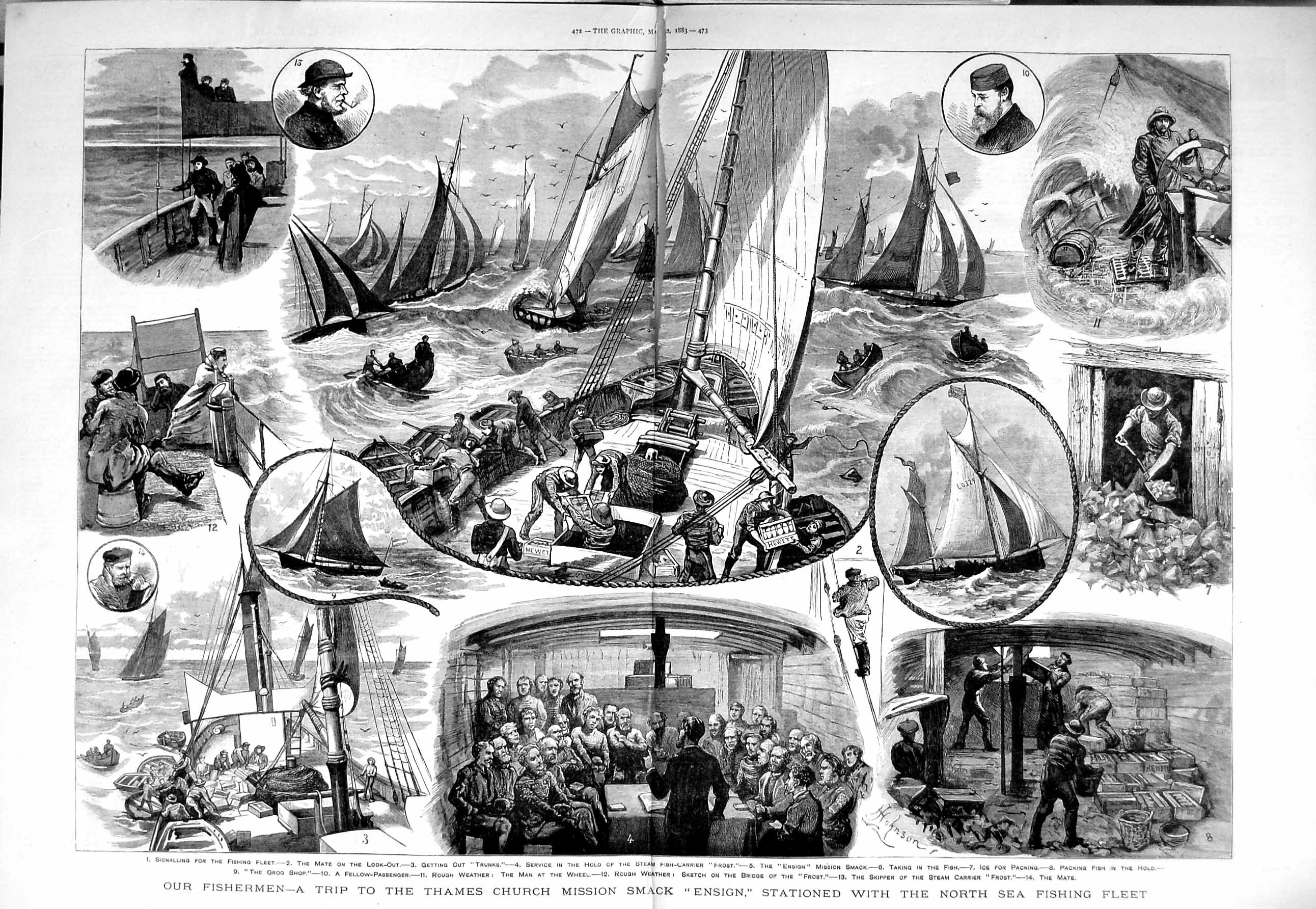 Original Old Antique Print 1883 Fishermen Thames Church Mission Smack Ensi 19th