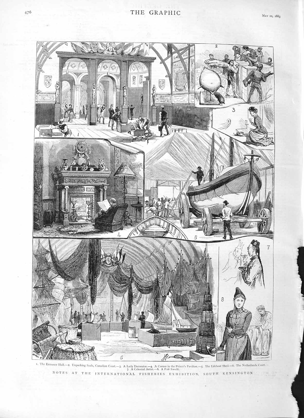 Old Antique Print 1883 International Fisheries Exhibition Kensington Boat 19th