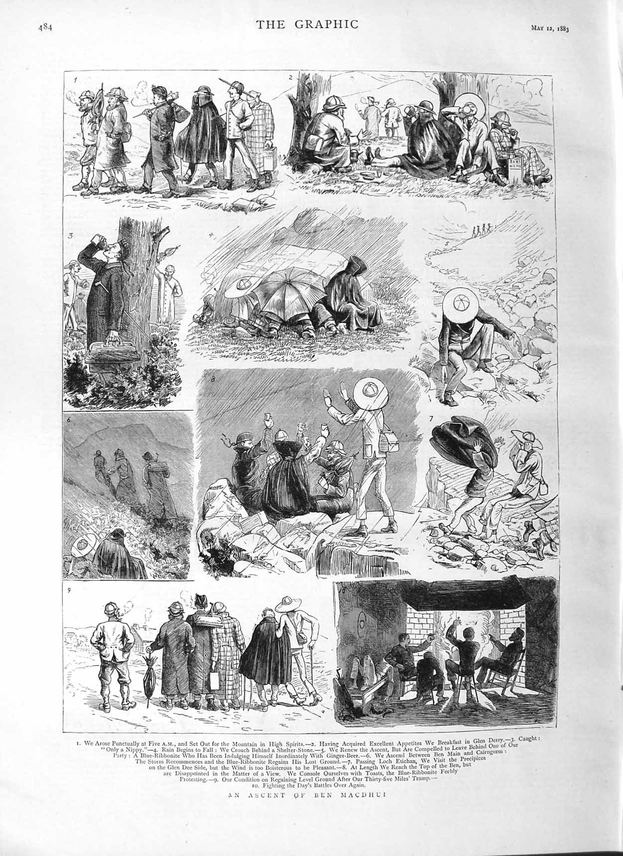 Original Old Antique Print 1883 Ascent Ben Macdhui Mountain Cairngorm Gle 19th