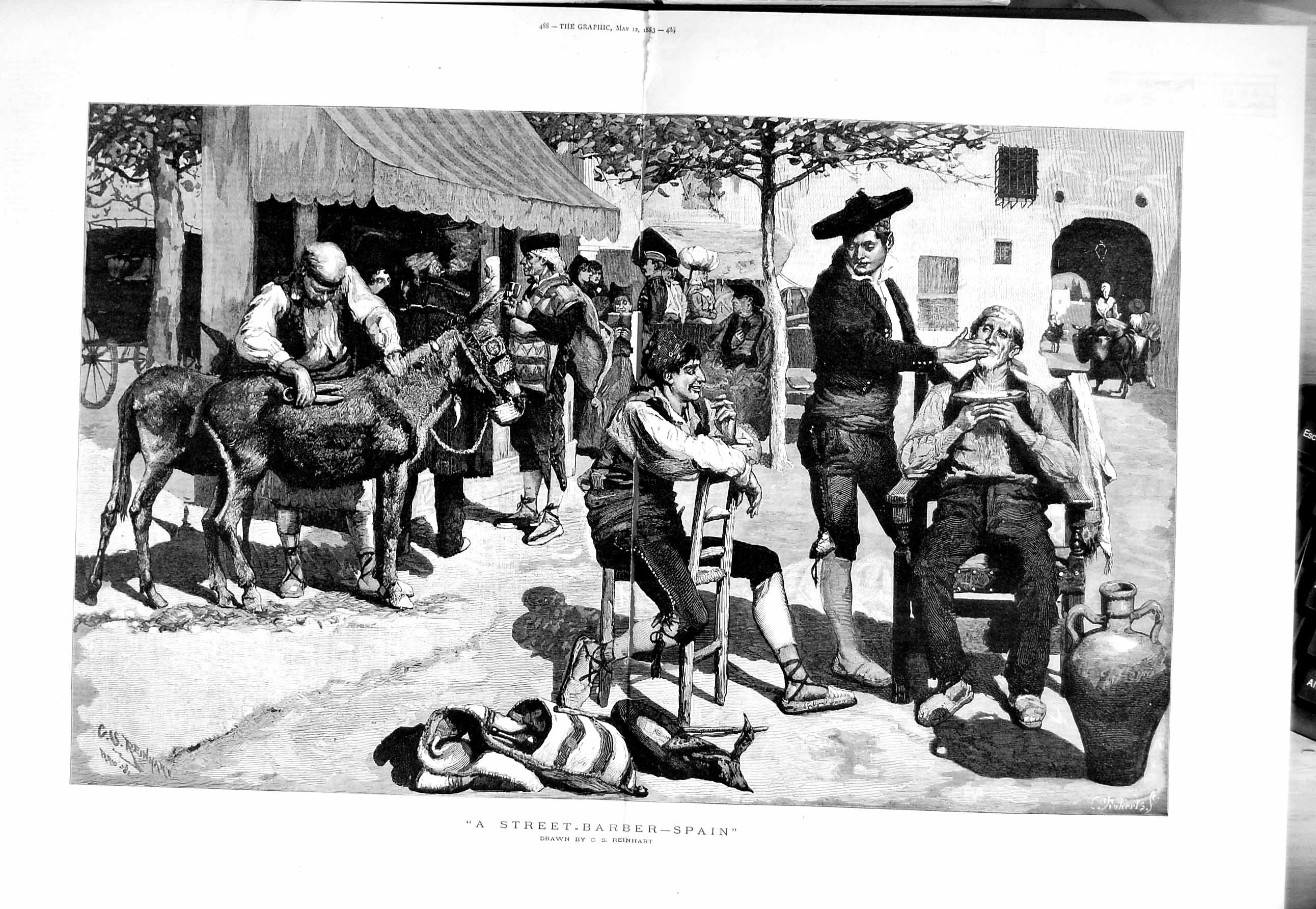 Old Antique Print 1883 Street Scene Barber Spain Men Reinhart Fine Art 19th