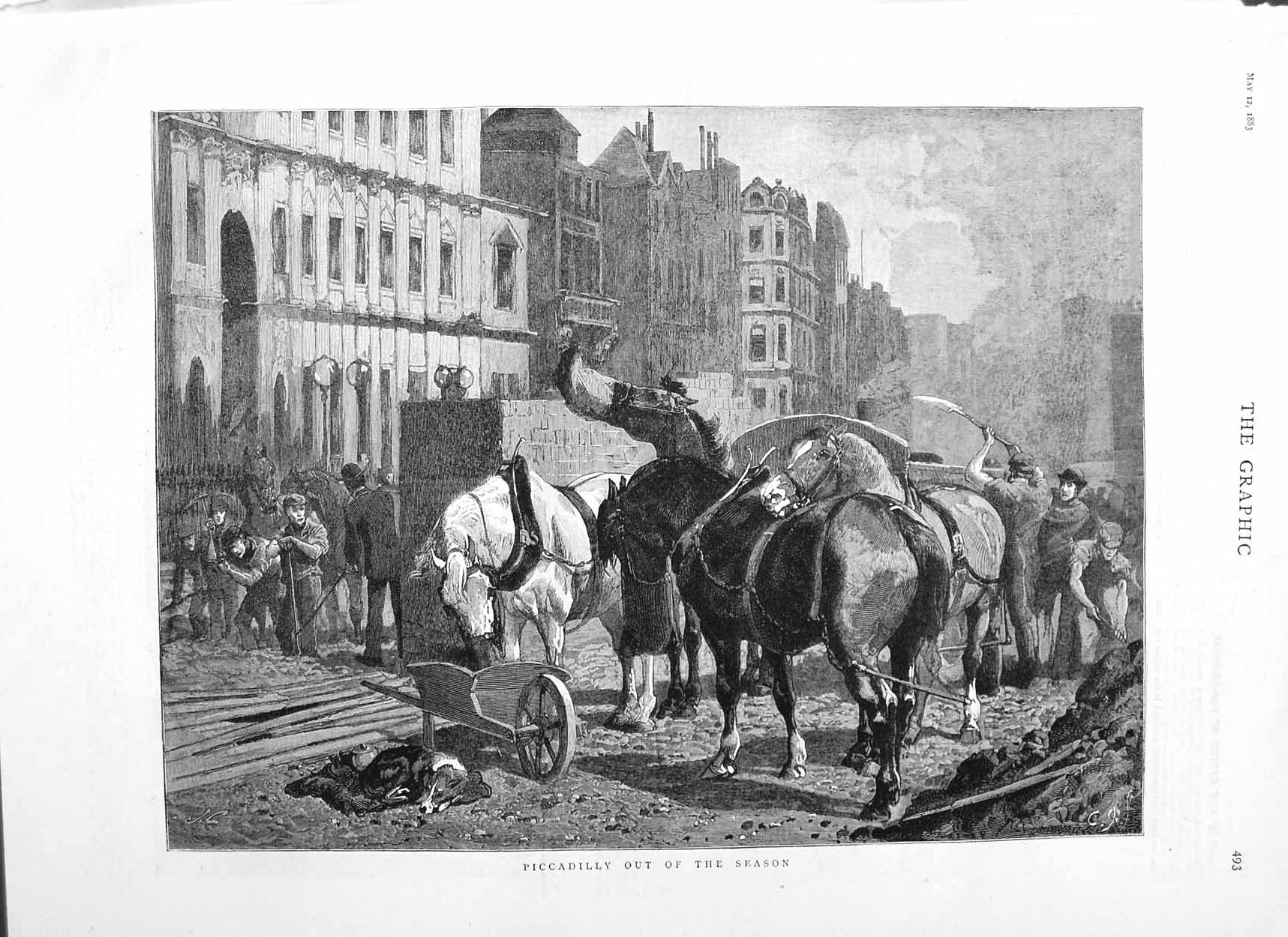 Original Old Antique Print 1883 Fine Art Piccadilly London Horses Street 19th