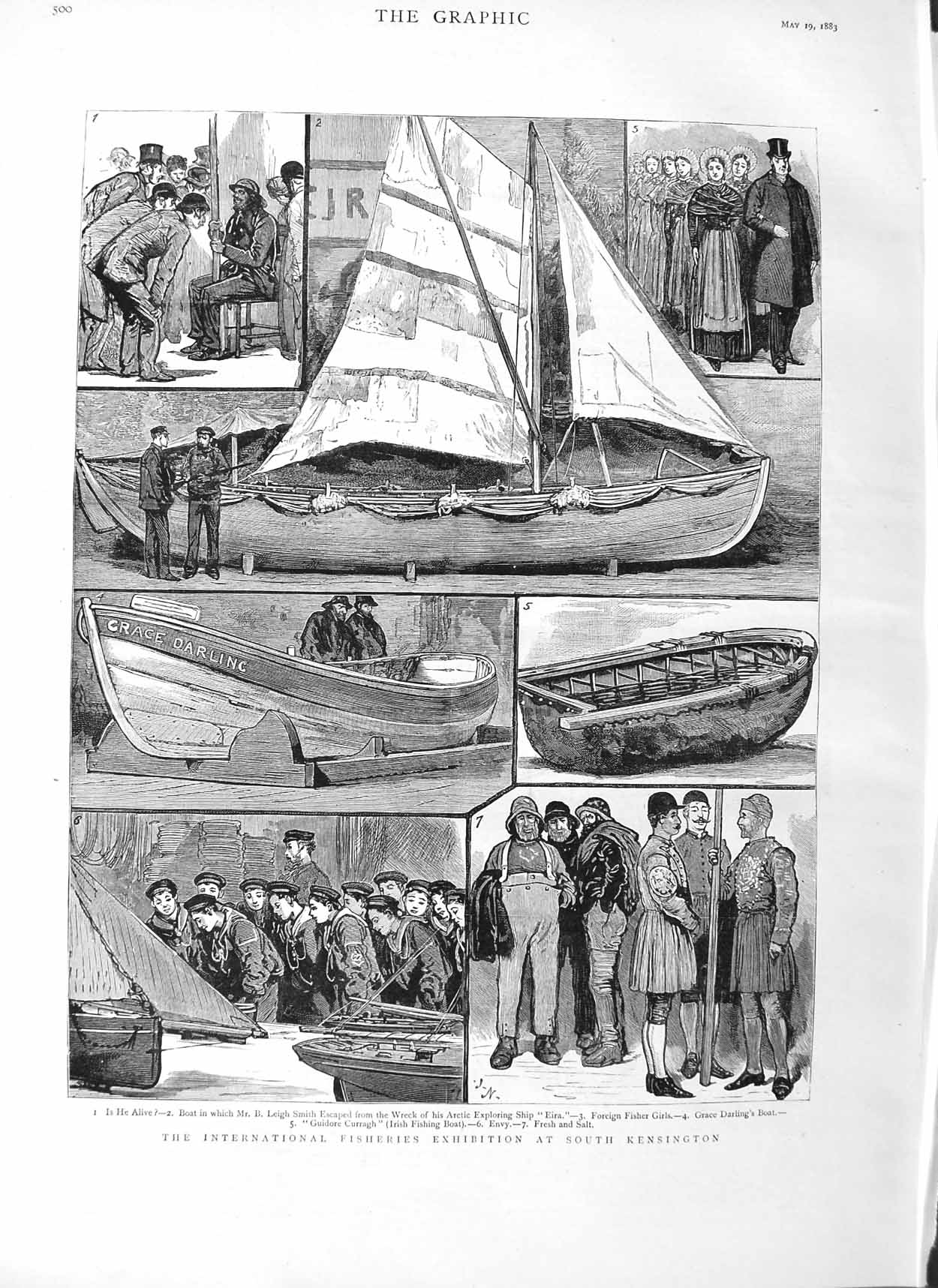 Original Old Antique Print 1883 Fisheries Exhibition Kensington Boats Curragh
