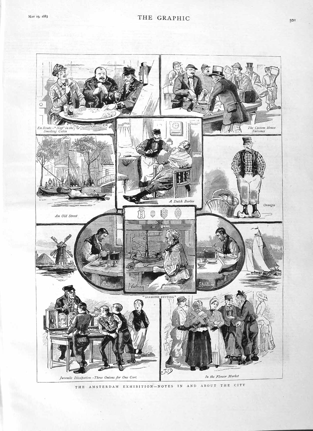 Old Antique Print 1883 Amsterdam Exhibition Flower Market Barber Windmill 19th