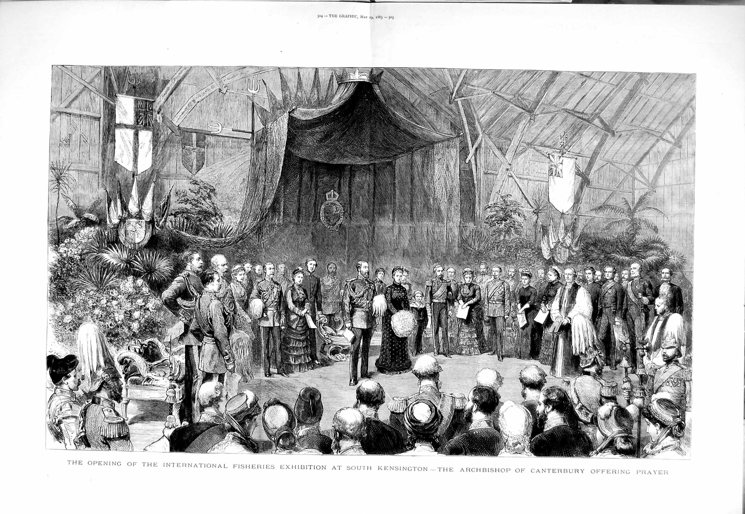 Old Antique Print 1883 Fisheries South Kensington Archbishop Canterbury 19th
