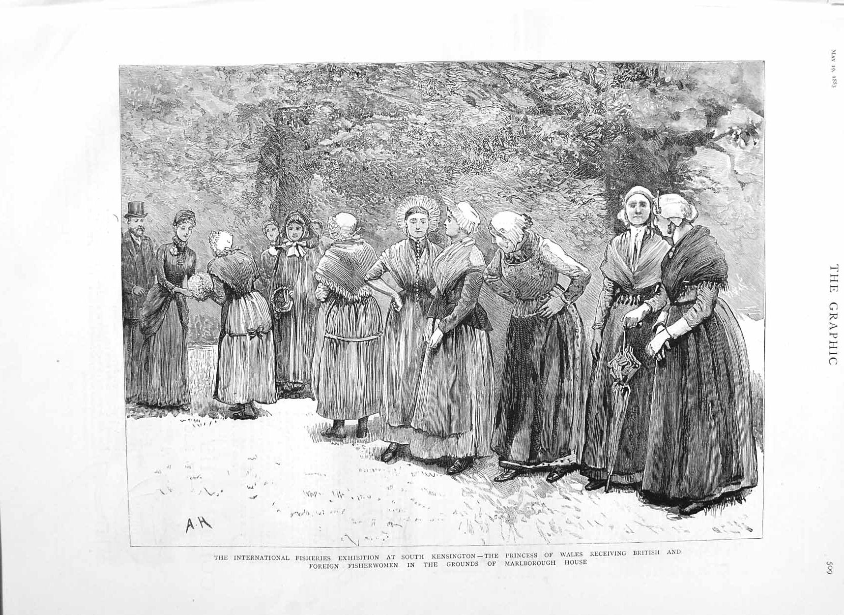 Original Old Antique Print 1883 Fisheries Exhibition Kensington Princess Wales