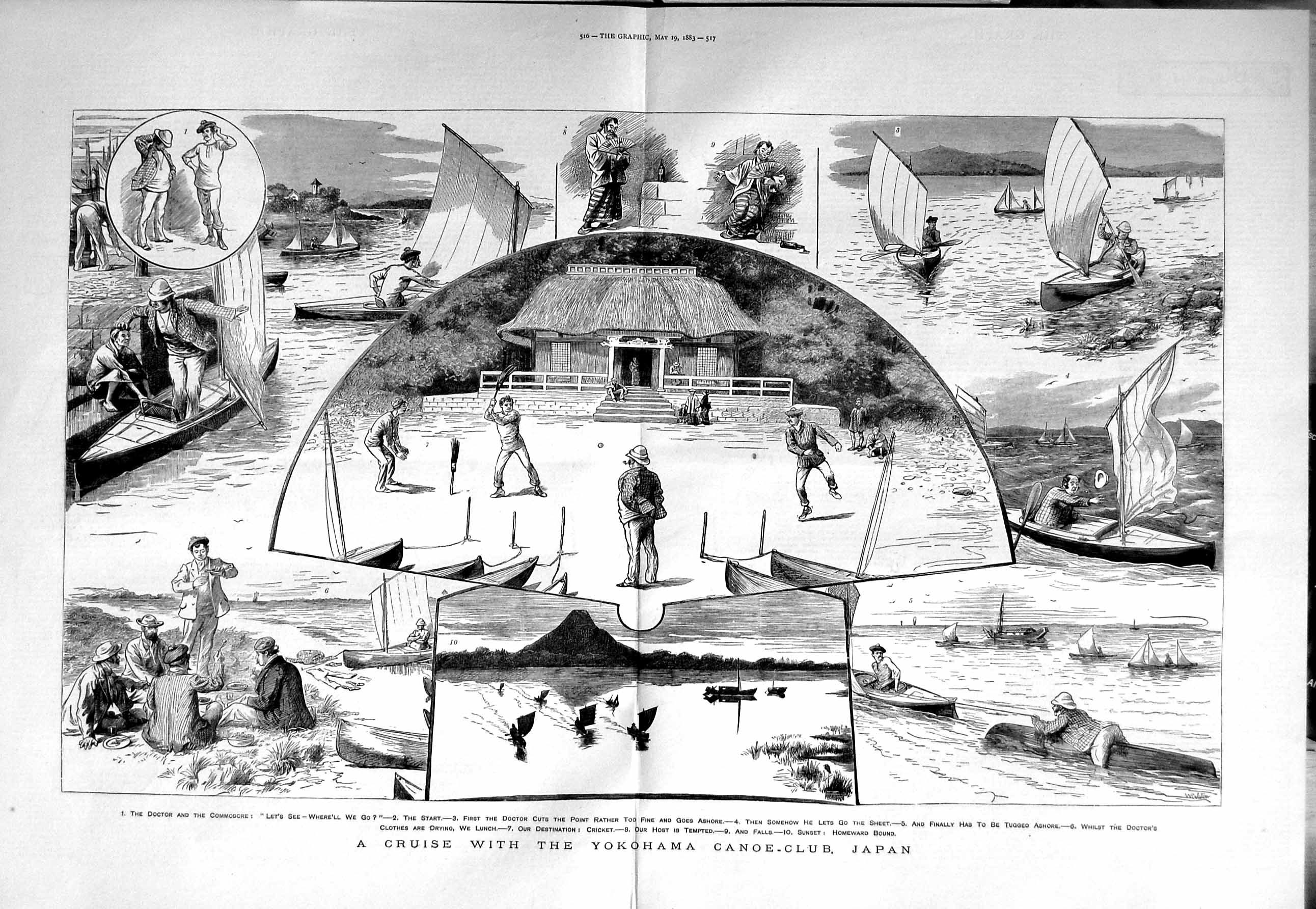 Original Old Antique Print 1883 Cruise Yokohama Canoe Club Japan Boats 19th