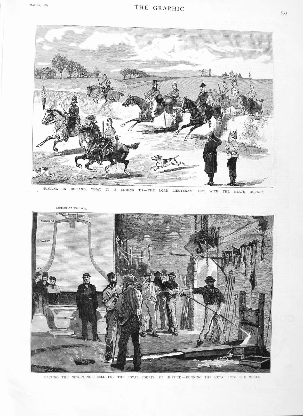 Original Old Antique Print 1883 Hunt Ireland Meath Hound Tenor Bell Courts 19th