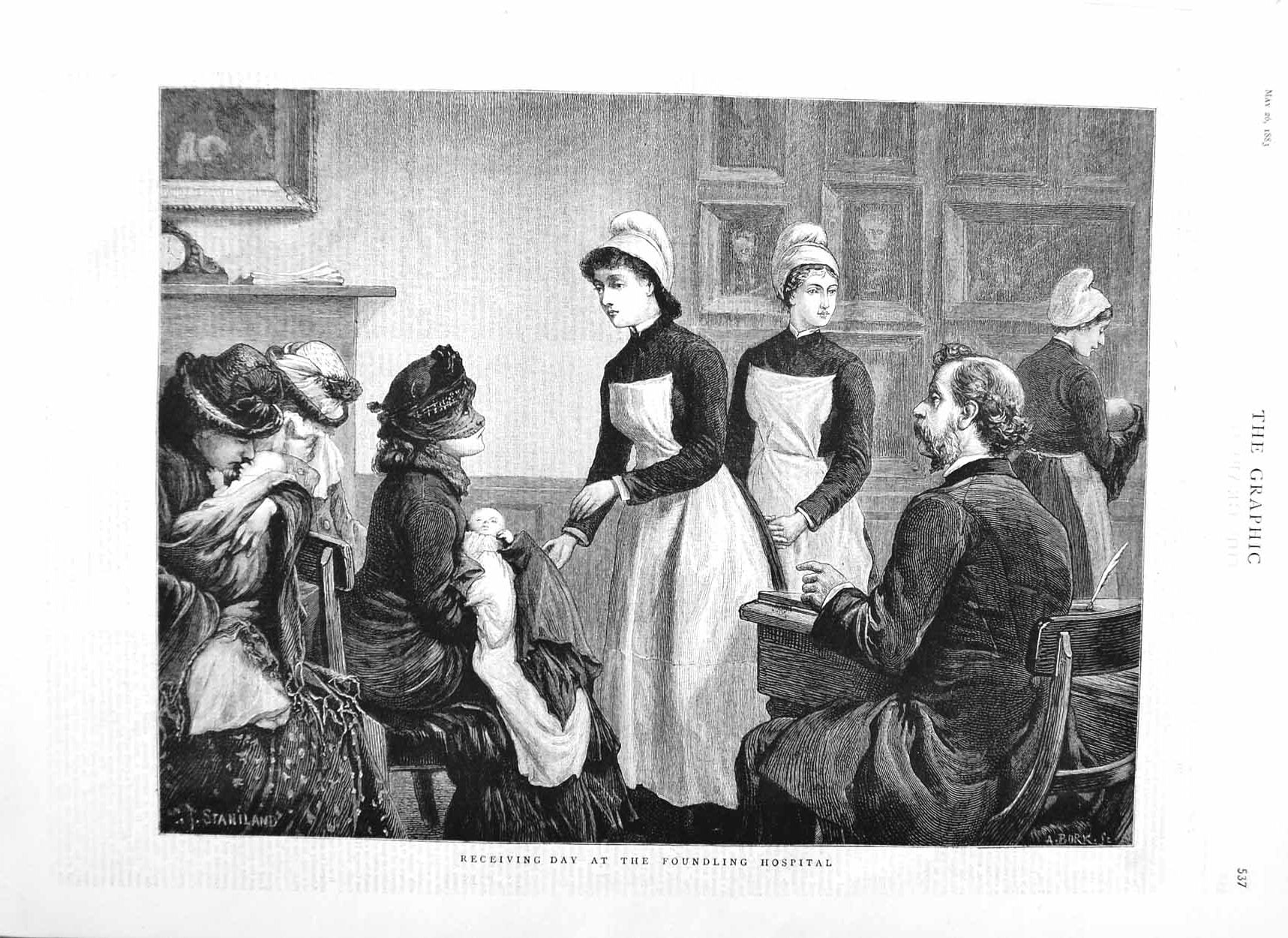 Original Old Antique Print 1883 Foundling Hospital Babies Nurses Stanil 19th