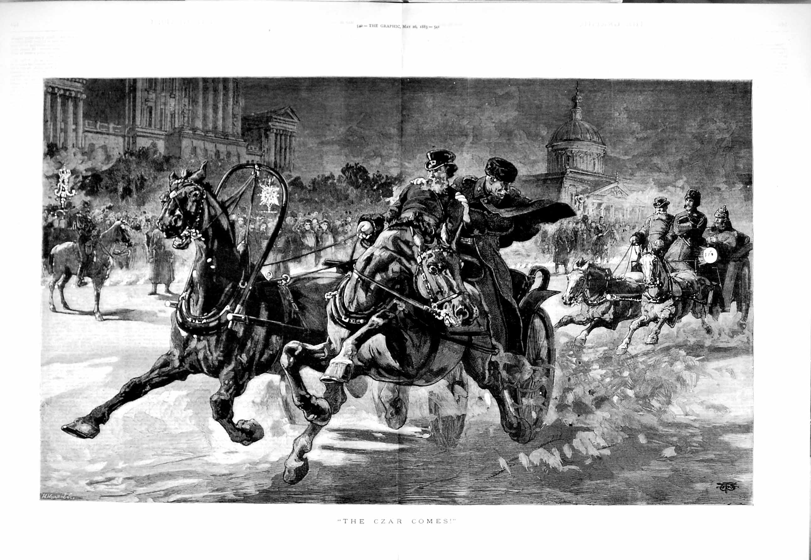 Original Old Antique Print 1883 Fine Art Czar Russia Horses Coach Street 19th
