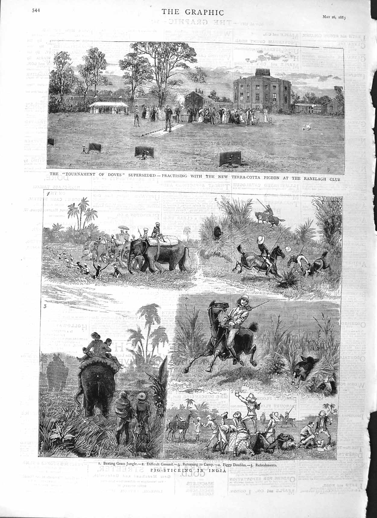 Original Old Antique Print 1883 Pig Sticking Hunting India Ranlegh Clay 19th