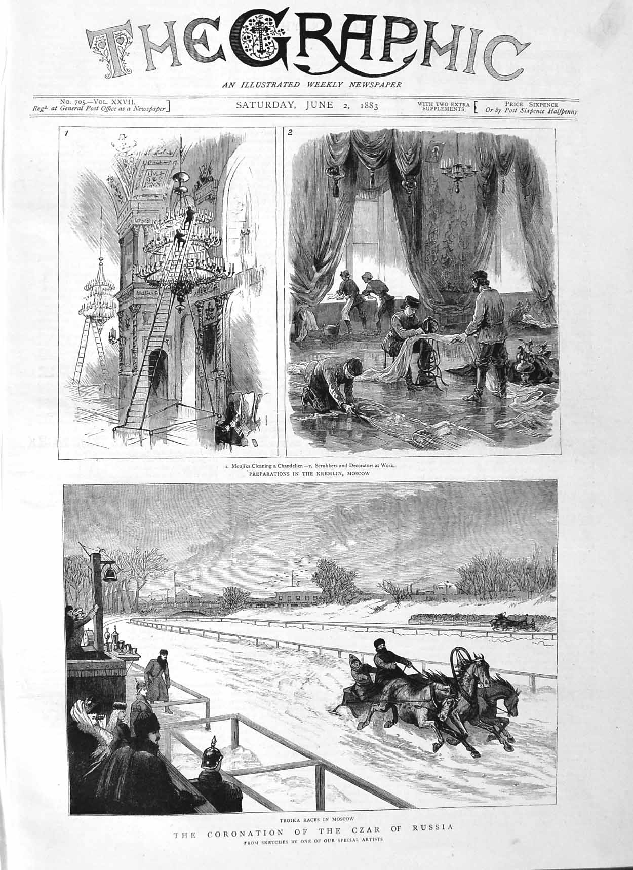 Original Old Antique Print 1883 Coronation Czar Russia Troika Moscow Kremilin