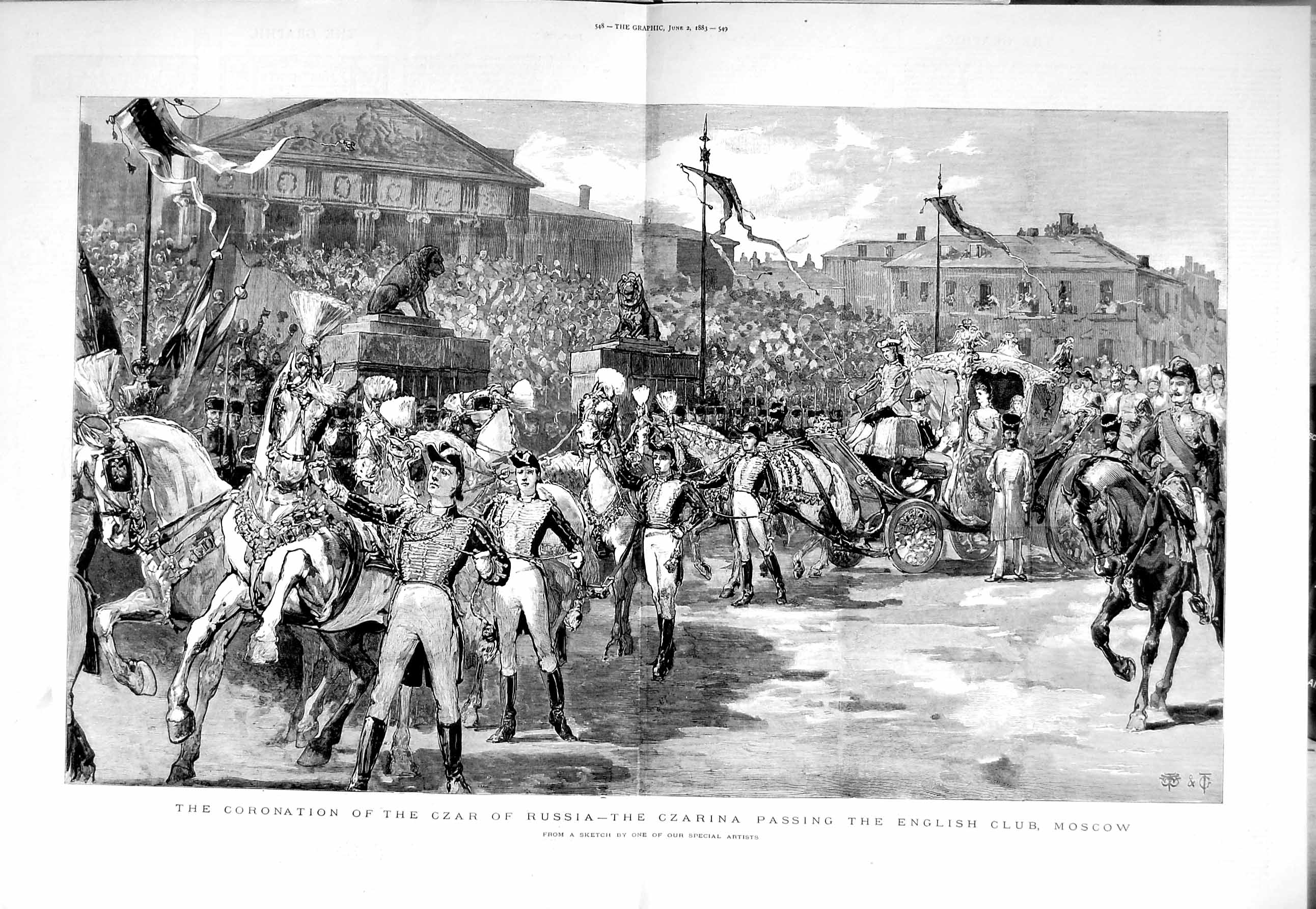 Original Old Antique Print 1883 Coronation Czar Russia English Club Moscow Art