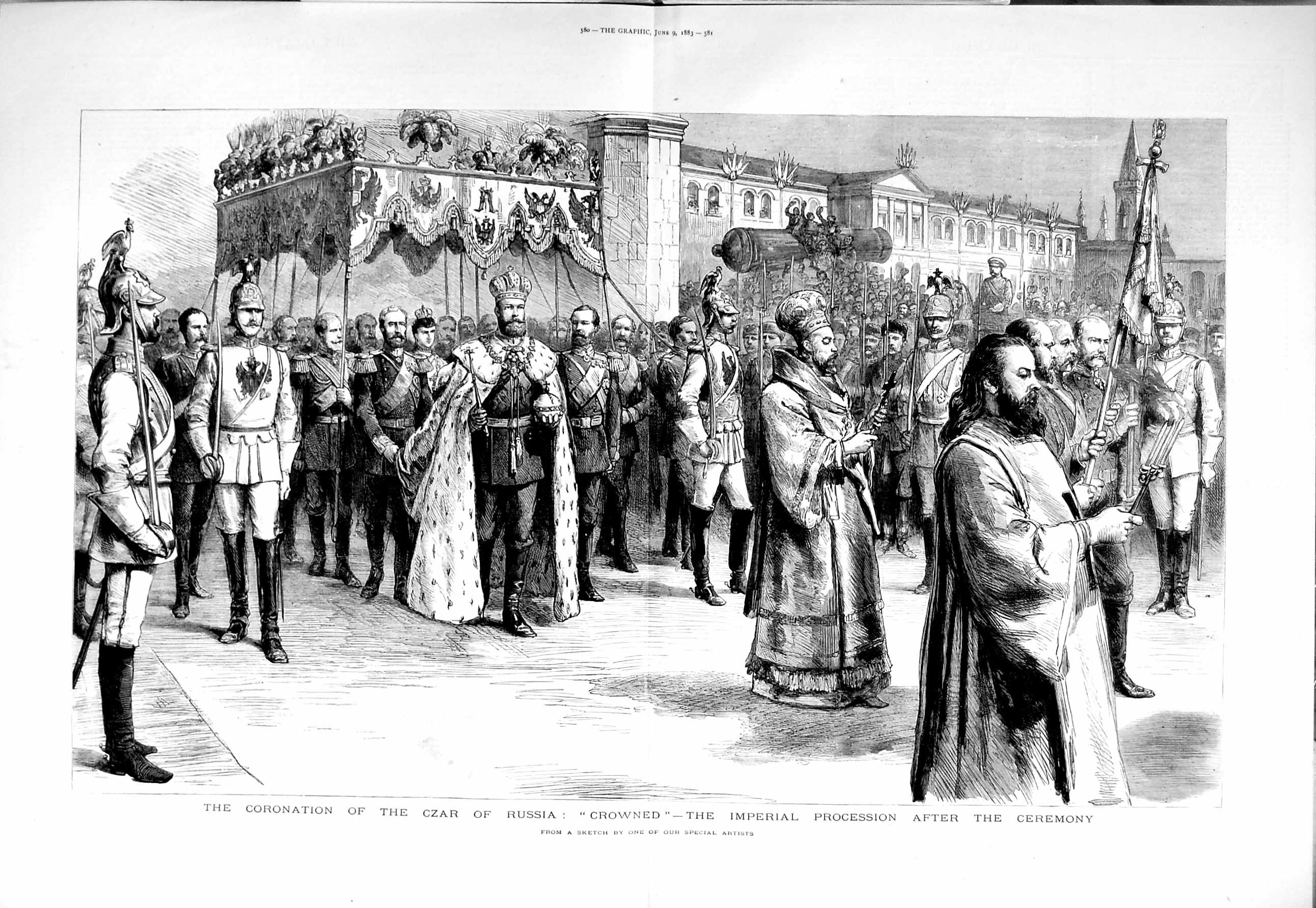 Original Old Antique Print 1883 Coronation Czar Russia Procession Ceremony