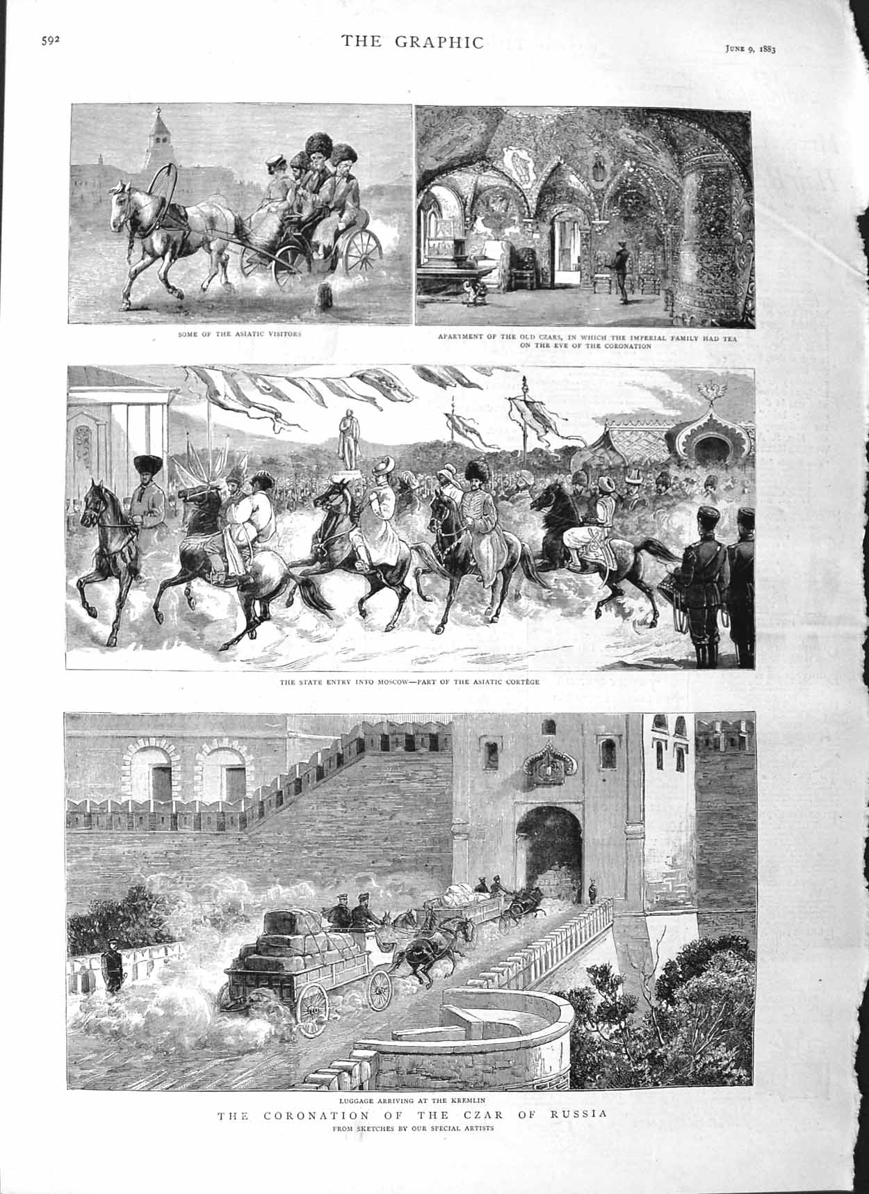 Original Old Antique Print 1883 Coronation Czar Russia Kremlin Asiatic Cortege
