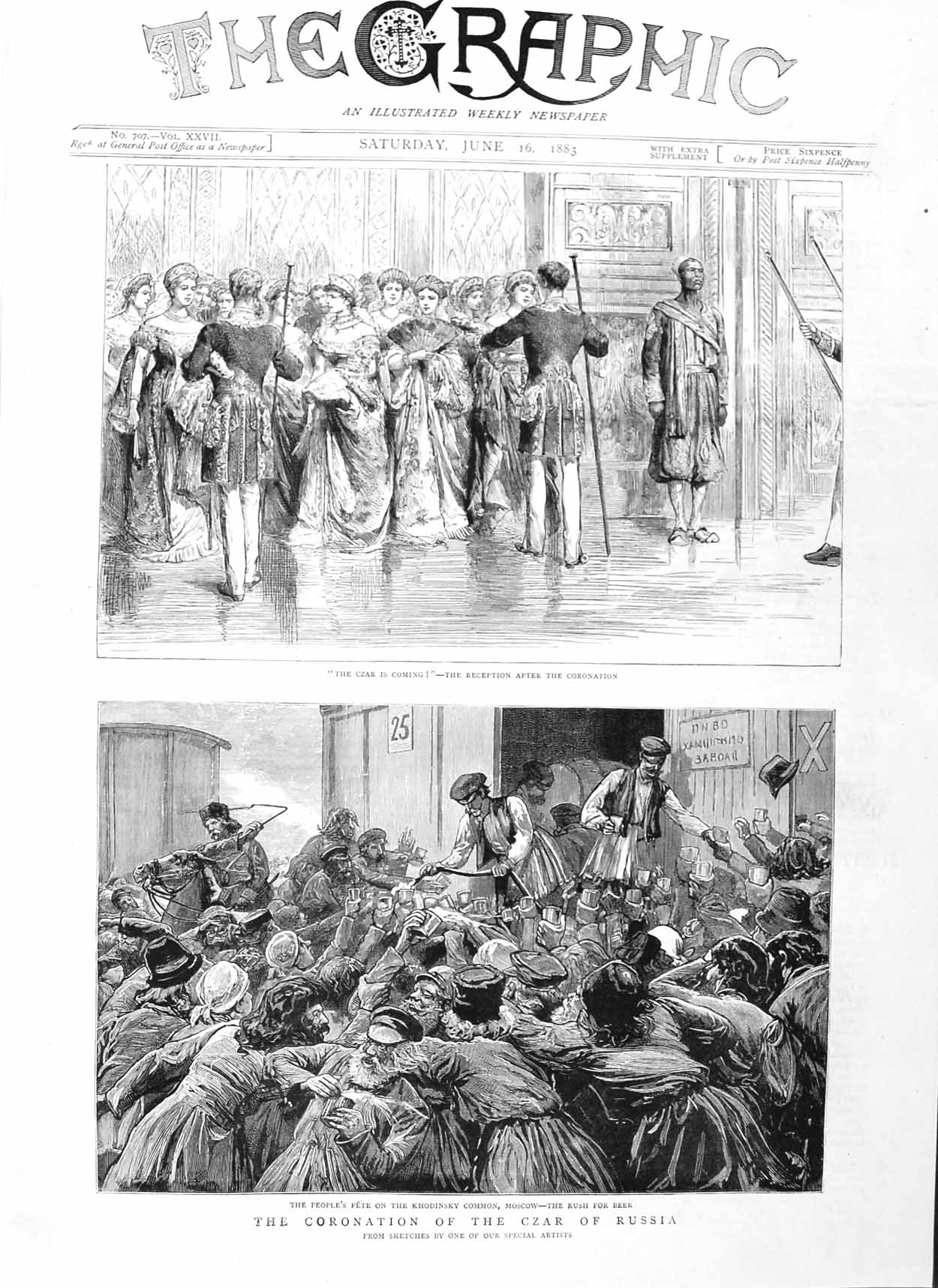 Original Old Antique Print 1883 Coronation Czar Russia Khodinsky Moscow Fete