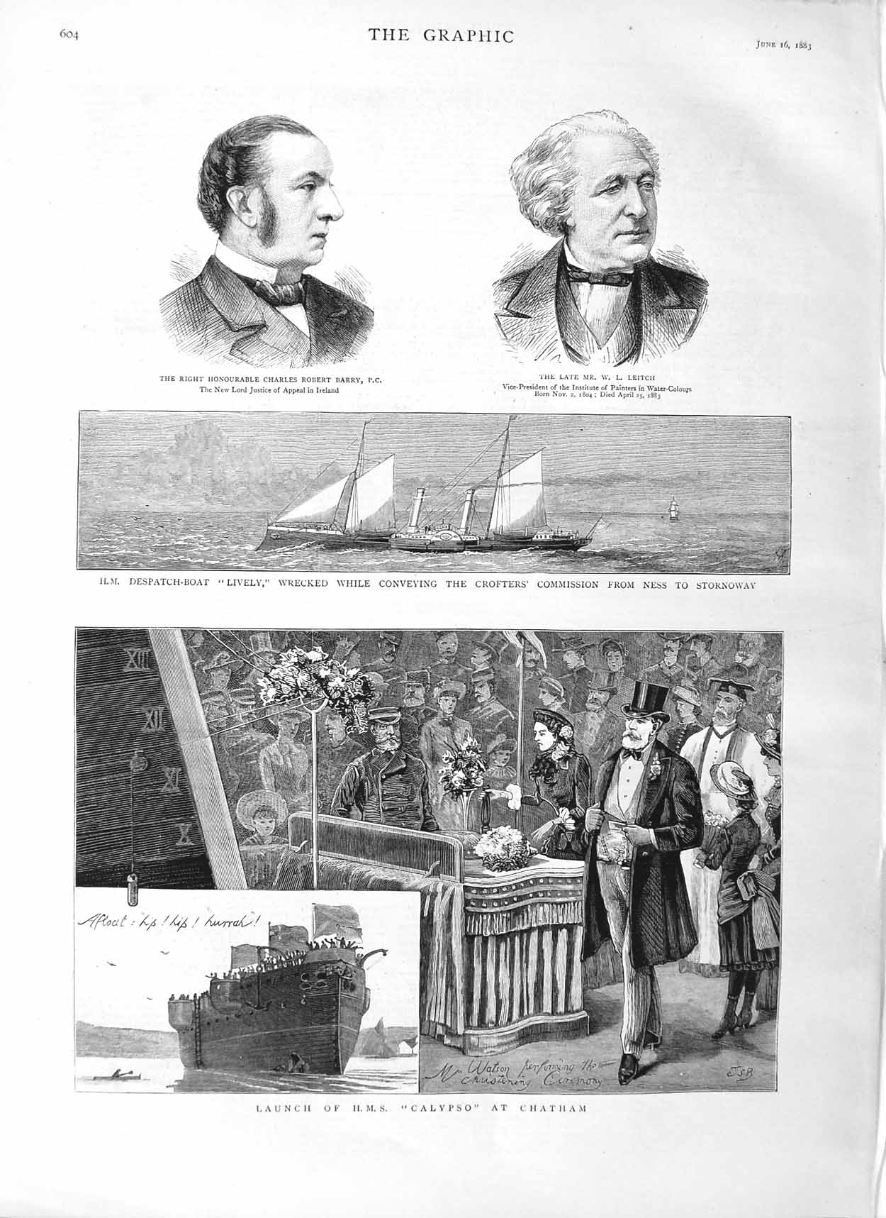 Old Antique Print 1883 Ship Calypso Chatham Lively Stornoway Barry Leitch 19th