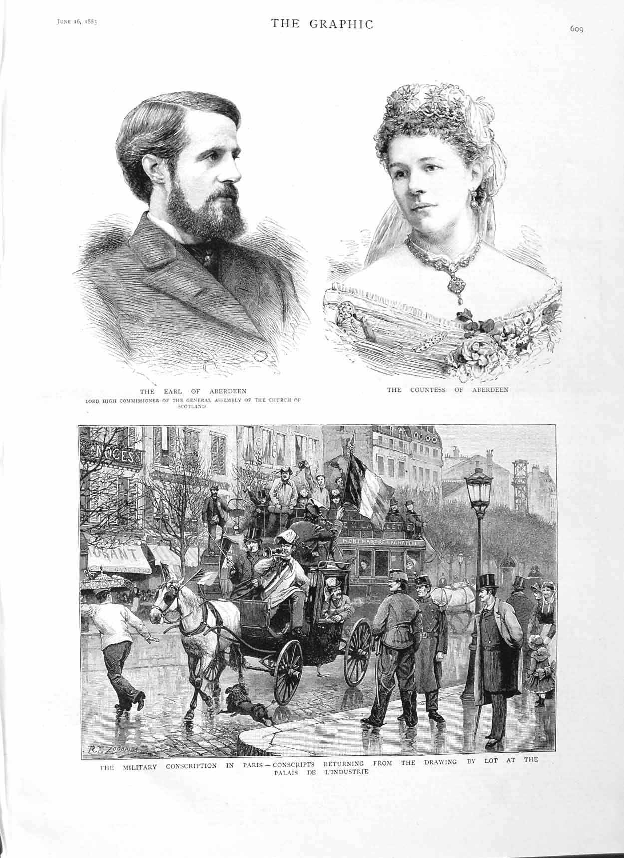 Original Old Antique Print 1883 Earl Aberdeen Countess Paris Conscripts Horse