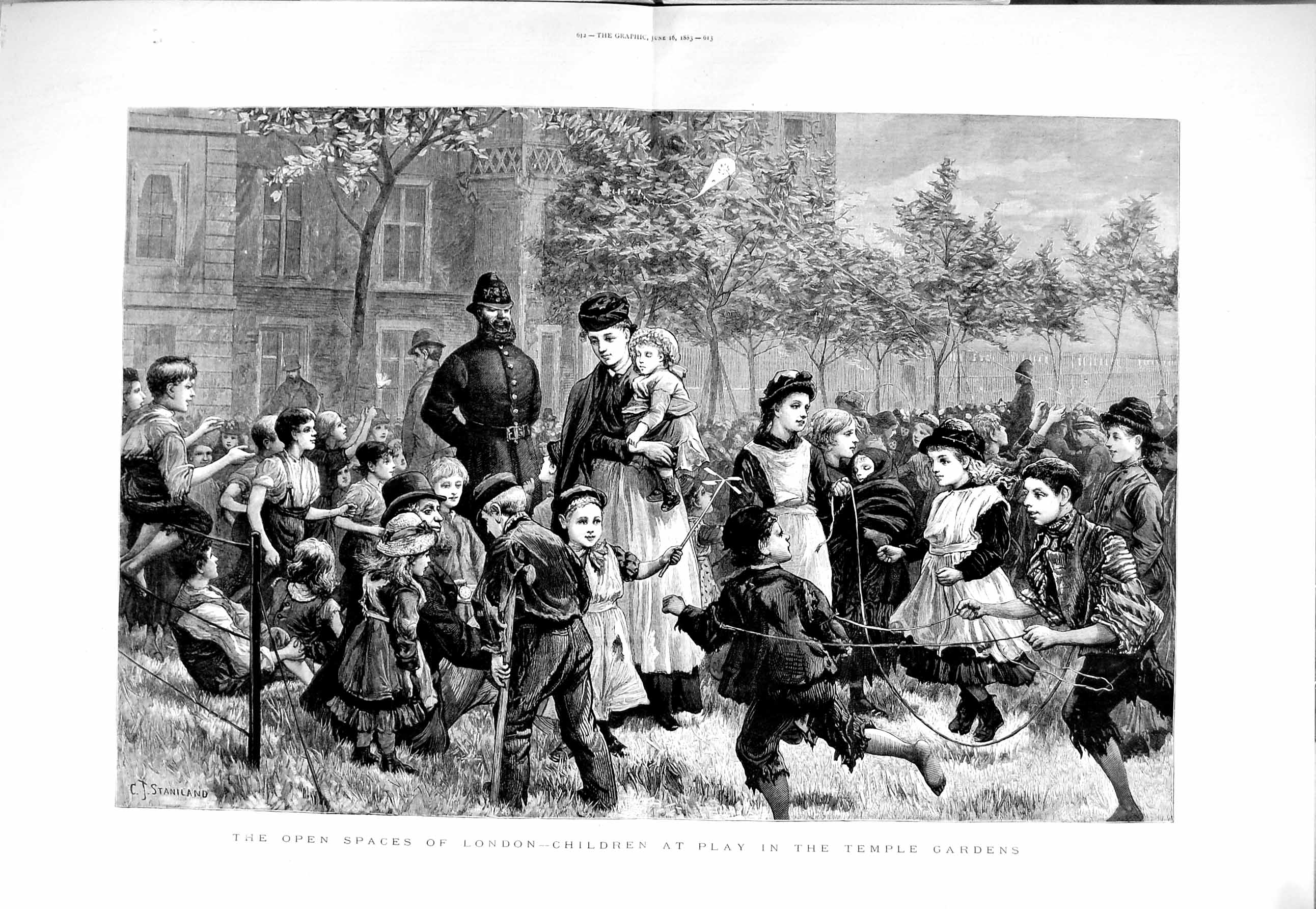 Old Antique Print 1883 London Children Playing Temple Gardens Fine Art 19th