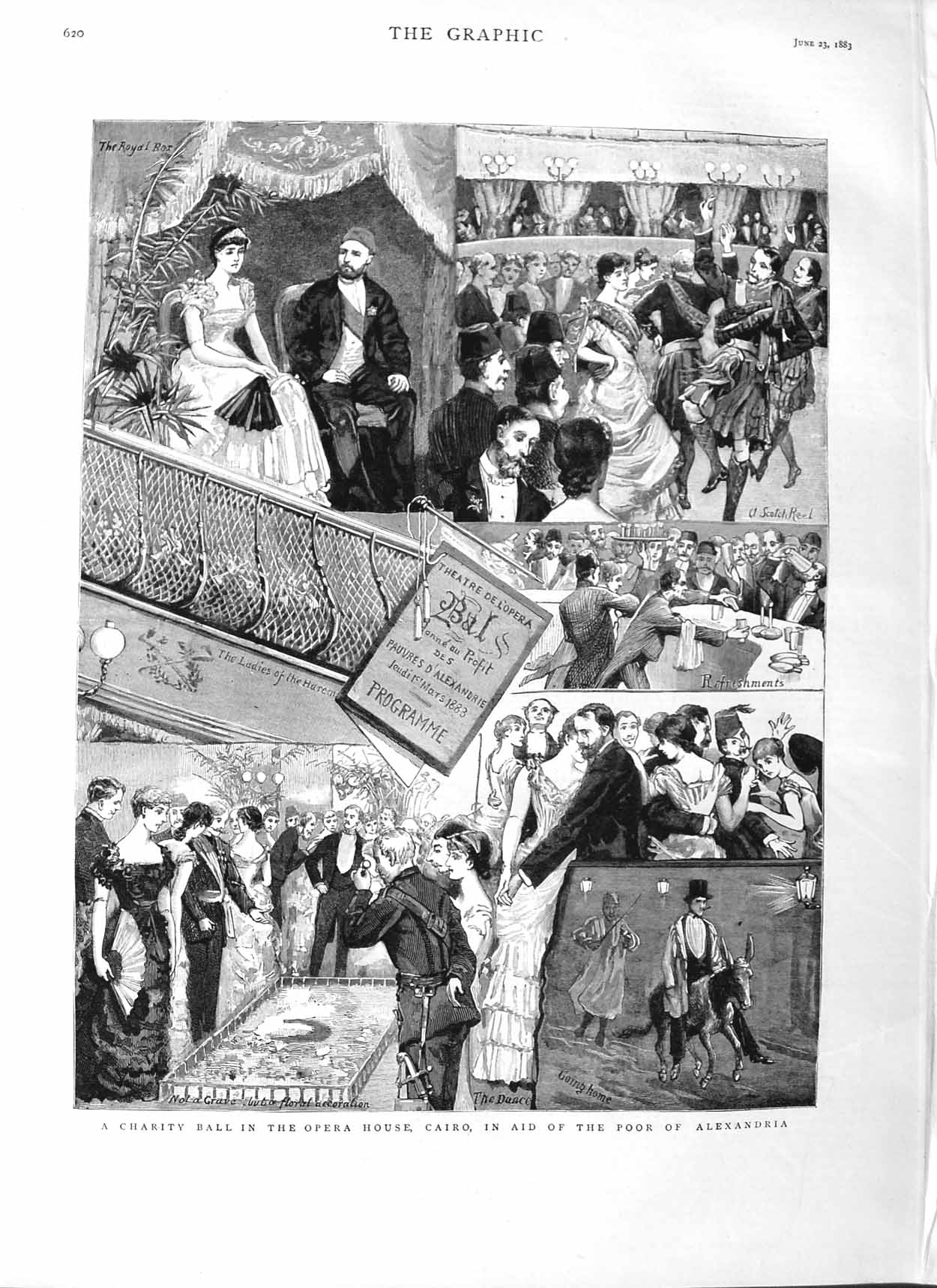 Original Old Antique Print 1883 Charity Ball Opera House Cairo Alexandri 19th