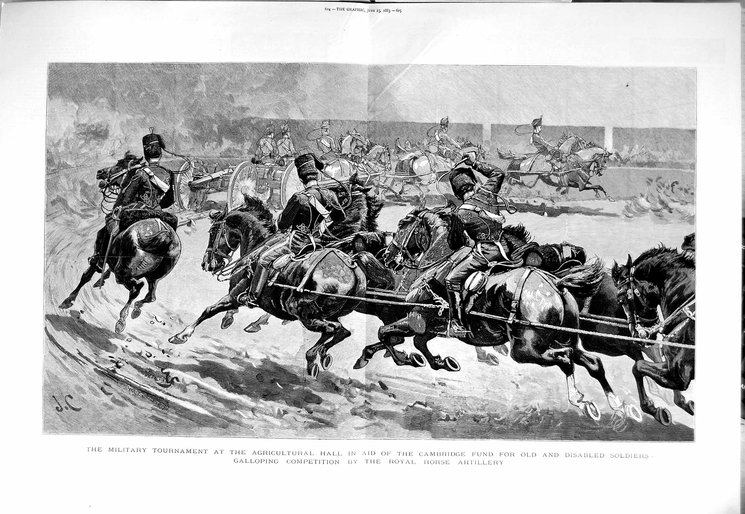 Old Antique Print 1883 Military Tournament Agricultural Hall Horses Army 19th