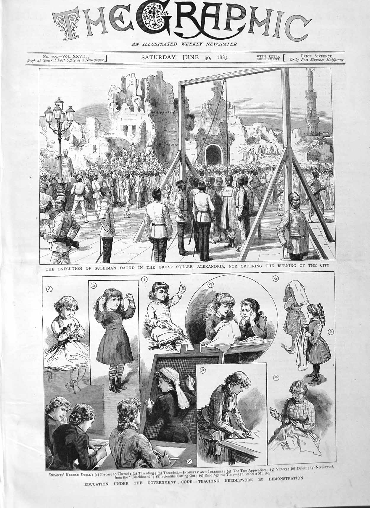 Old Antique Print 1883 Needlework Children Execution Suleiman Alexandria 19th
