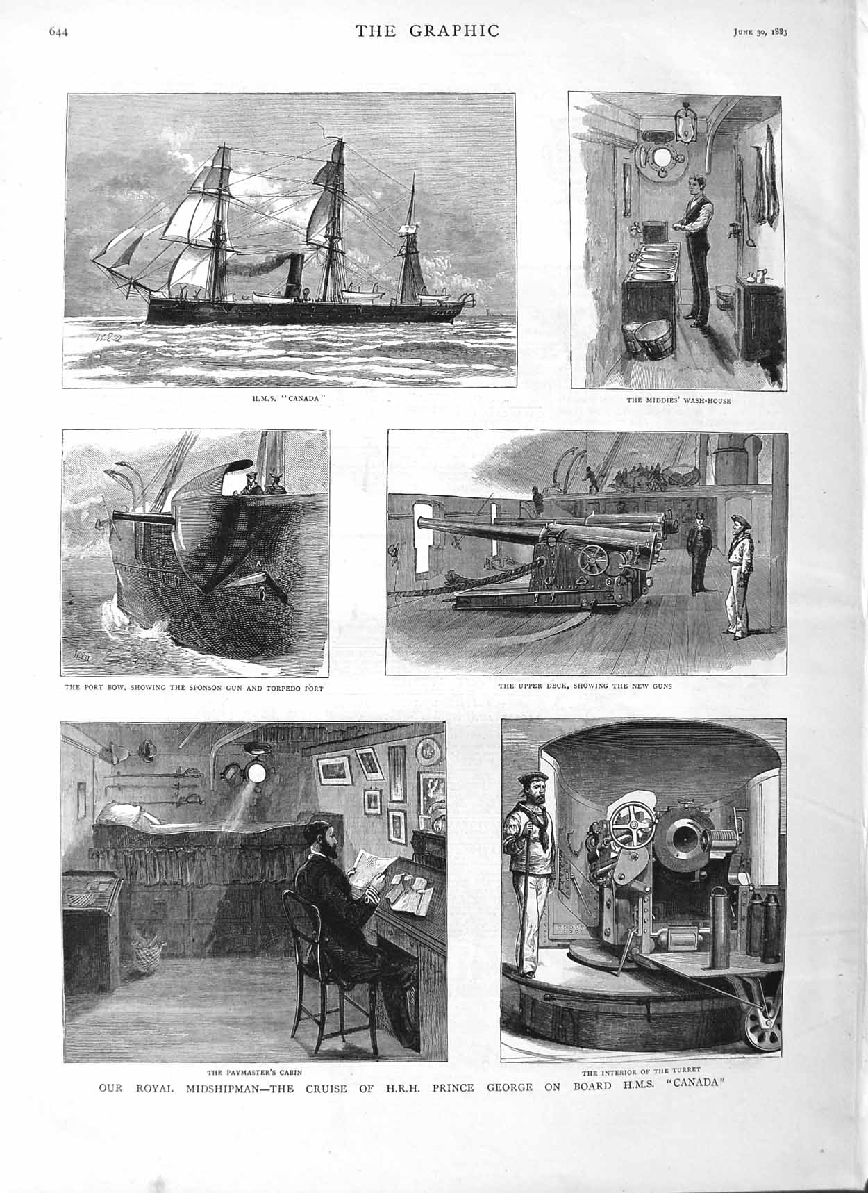 Original Old Antique Print 1883 Prince George H.M.S Canada Turret Wash-House