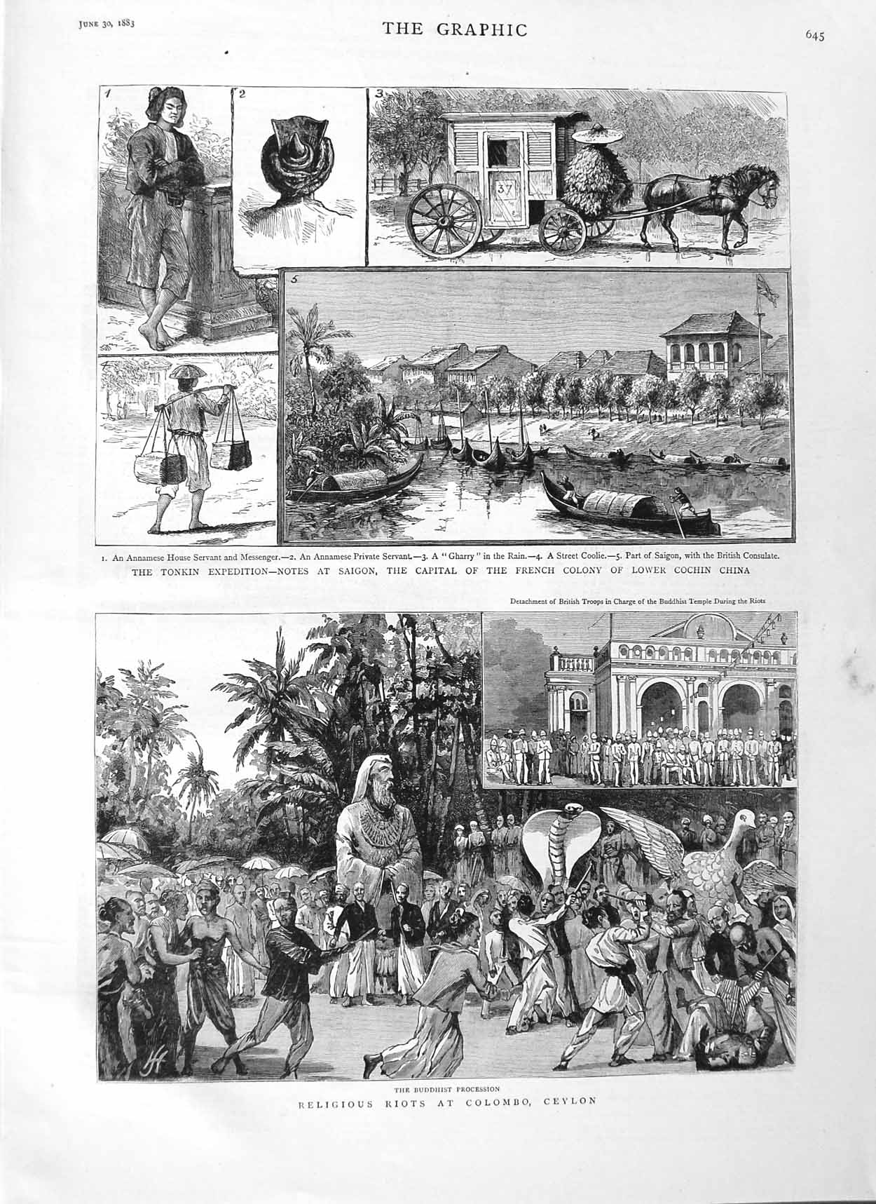 Original Old Antique Print 1883 Buddhist Colombo Ceylon China Tonkin Saigon 19th