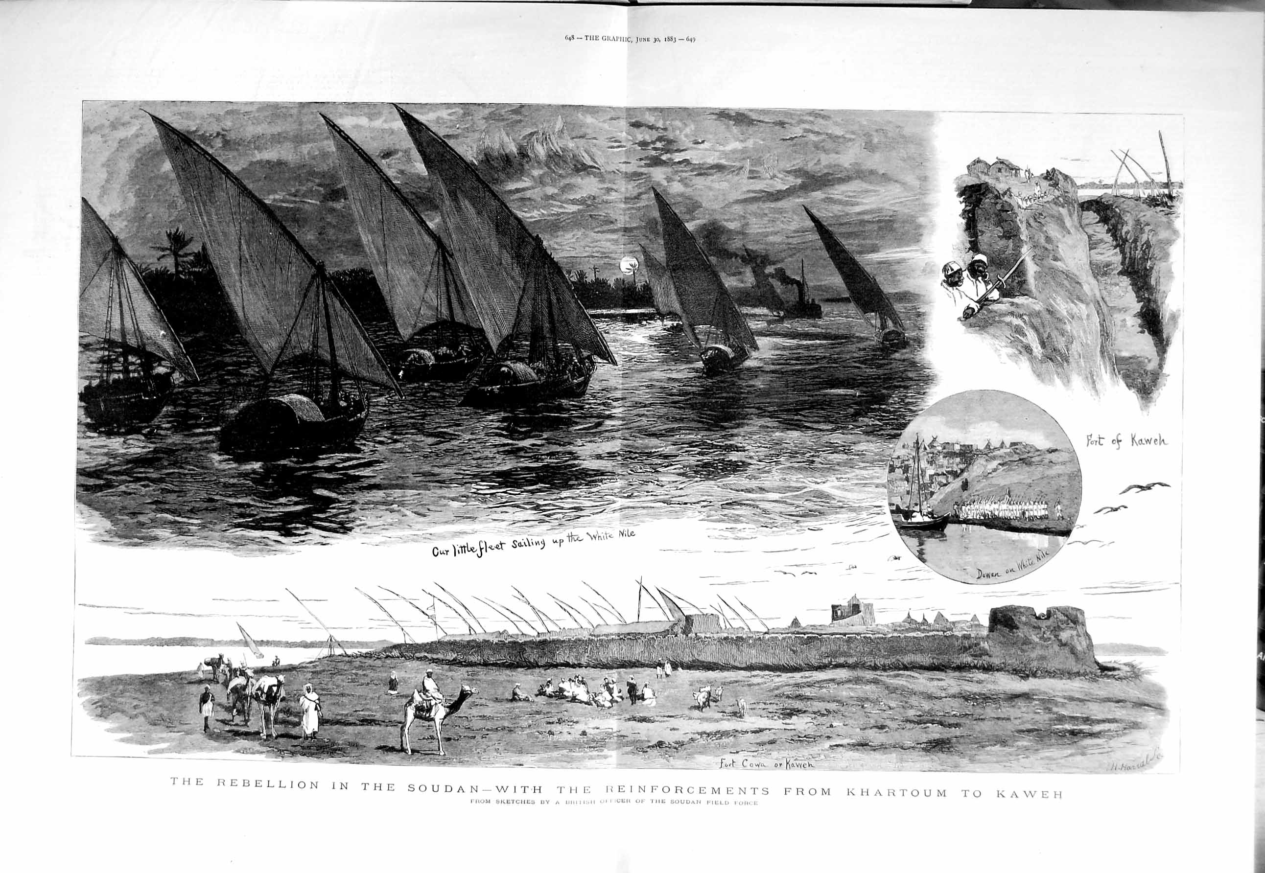 Old Antique Print 1883 Rebellion Soudan Khartoum Yachts Kaweh Fort Kaweh 19th