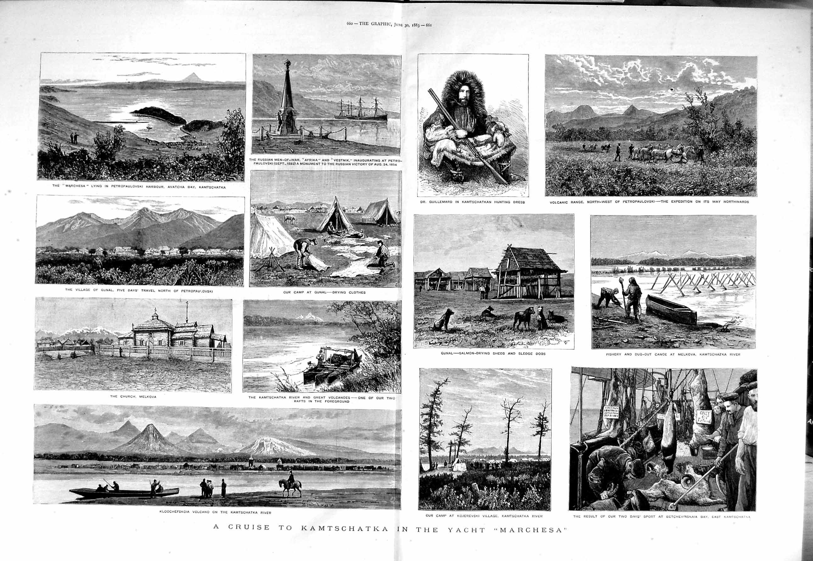 Old Antique Print 1883 Kamtschatka Yacht Marchesa Church Melkova Gunal 19th