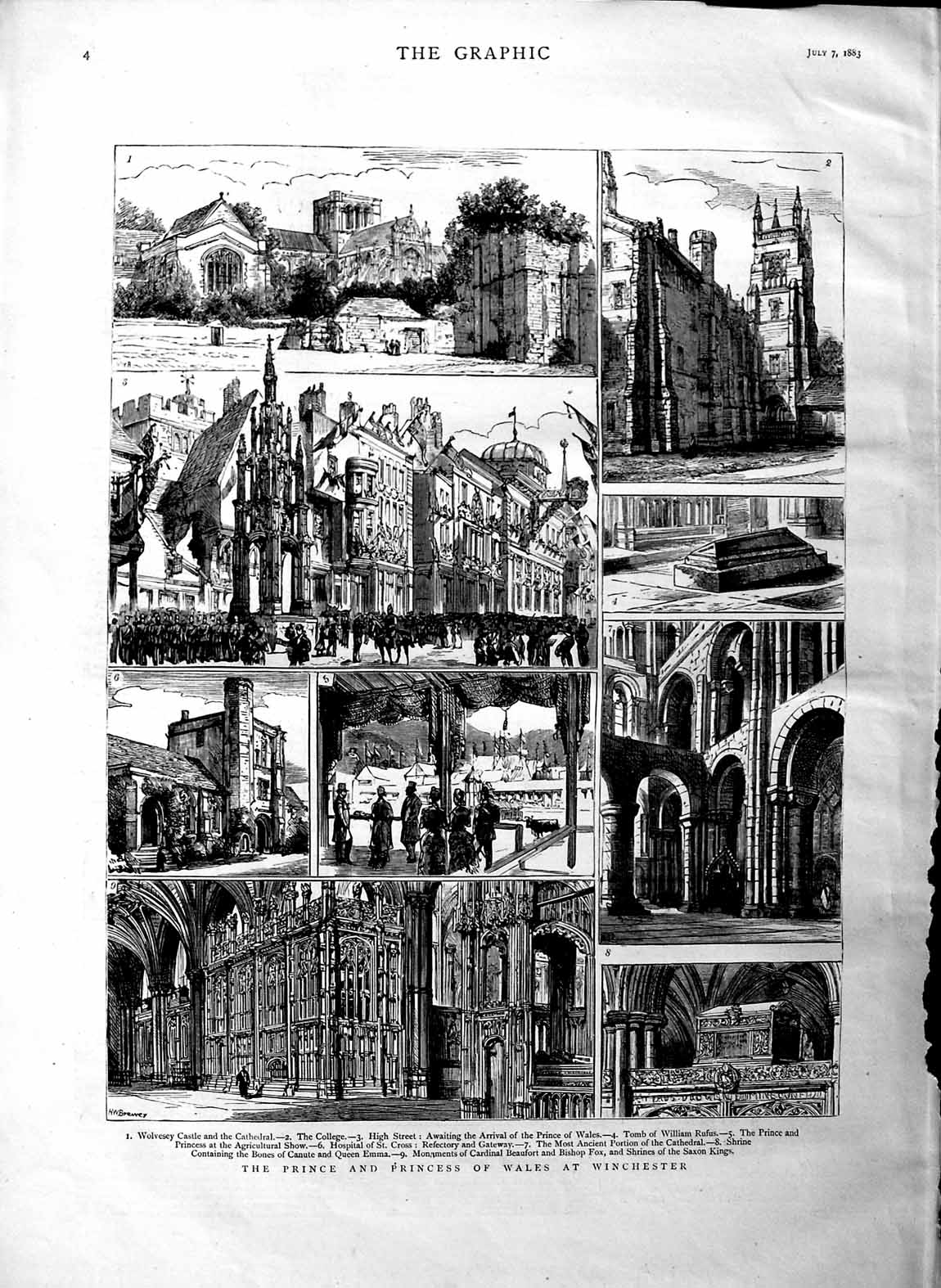 Old Antique Print 1883 Prince Wales Winchester Castle Cathedral College 19th