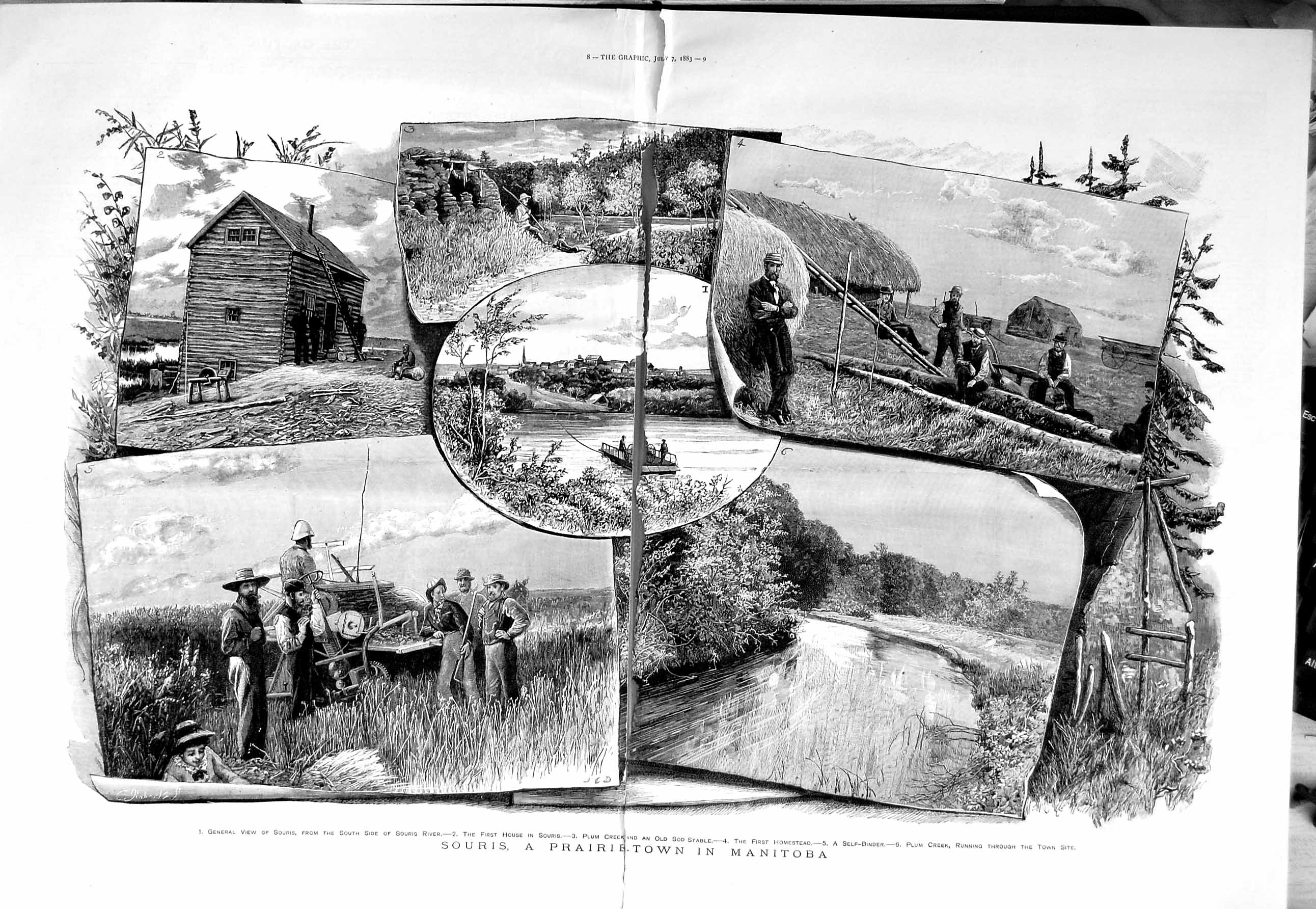 Original Old Antique Print 1883 Souris Prairietown Manitoba Plum Creek River 0