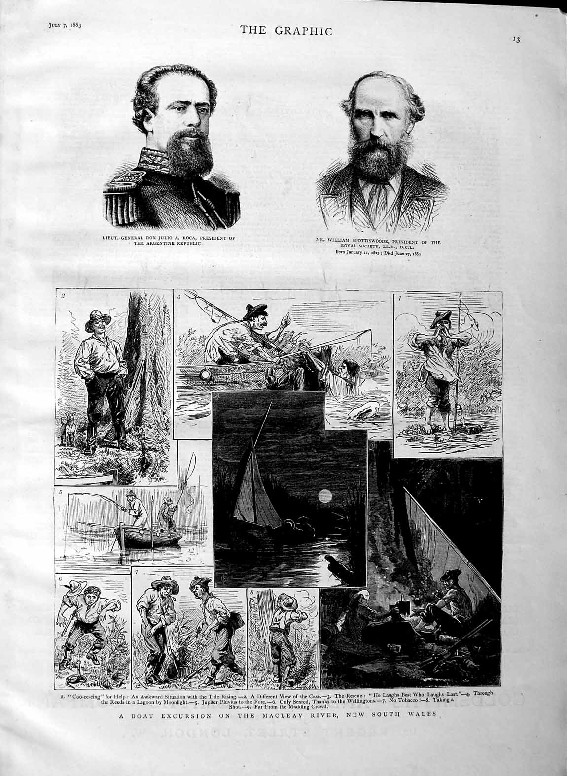 Old Antique Print 1883 Boat Trip Macleay Australia Don Julio Spottiswoode 19th