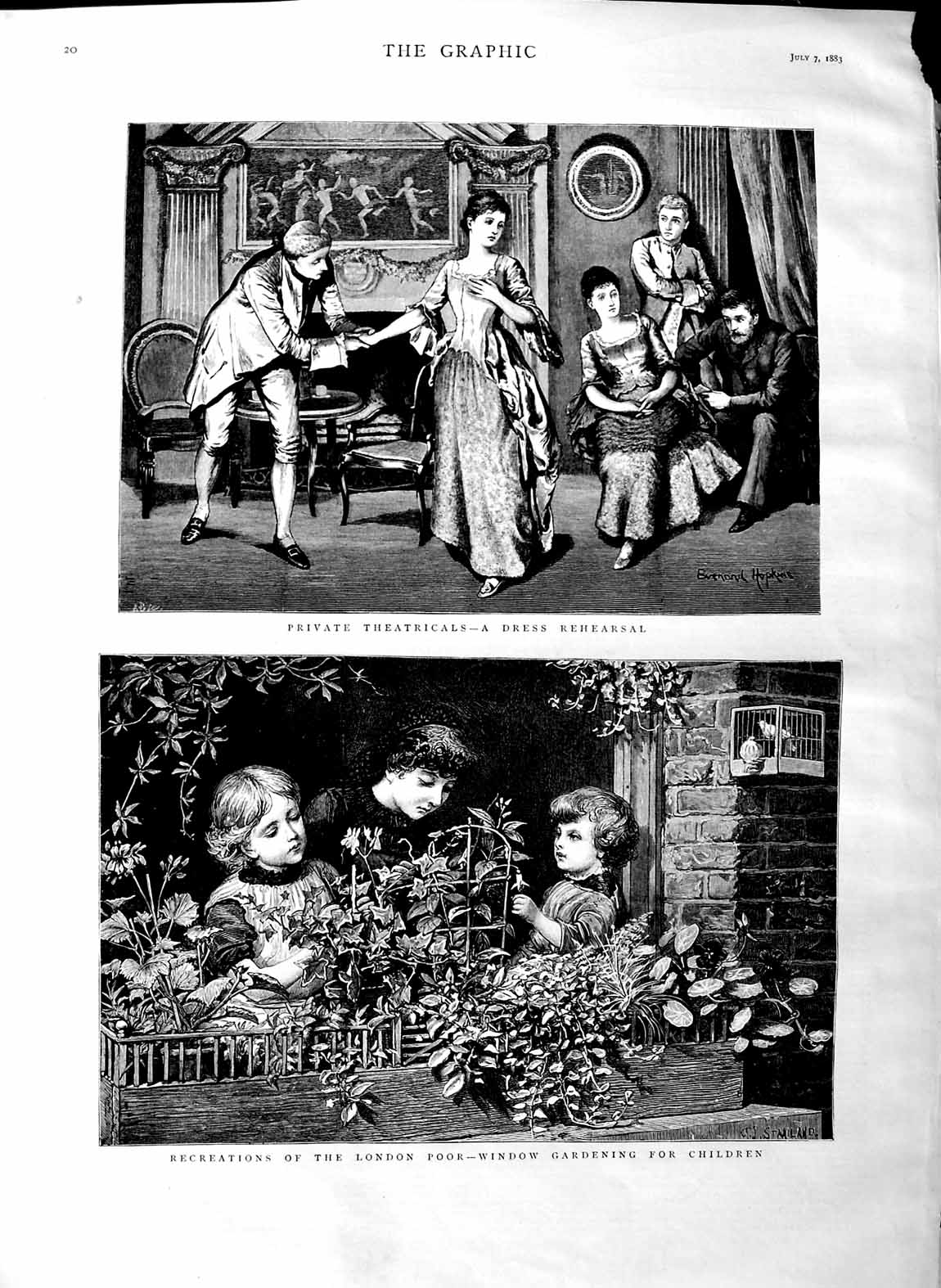 Old Antique Print 1883 London Poor Children Garden Box Theatre Fine Art 19th