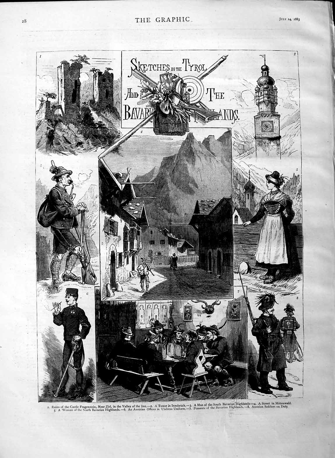 Original Old Antique Print 1883 Castle Fragenstein Innsbruck Austrian Siers