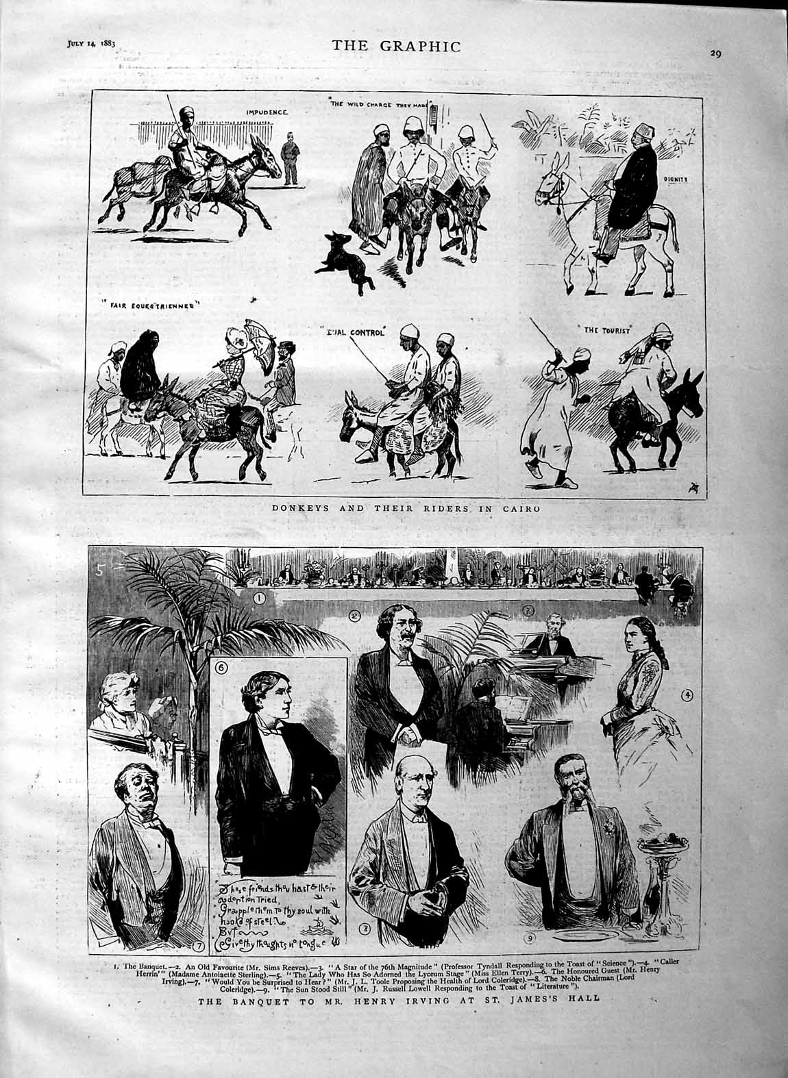 Old Antique Print 1883 Banquet Henry Irving St. James Hall Donkeys Cairo 19th