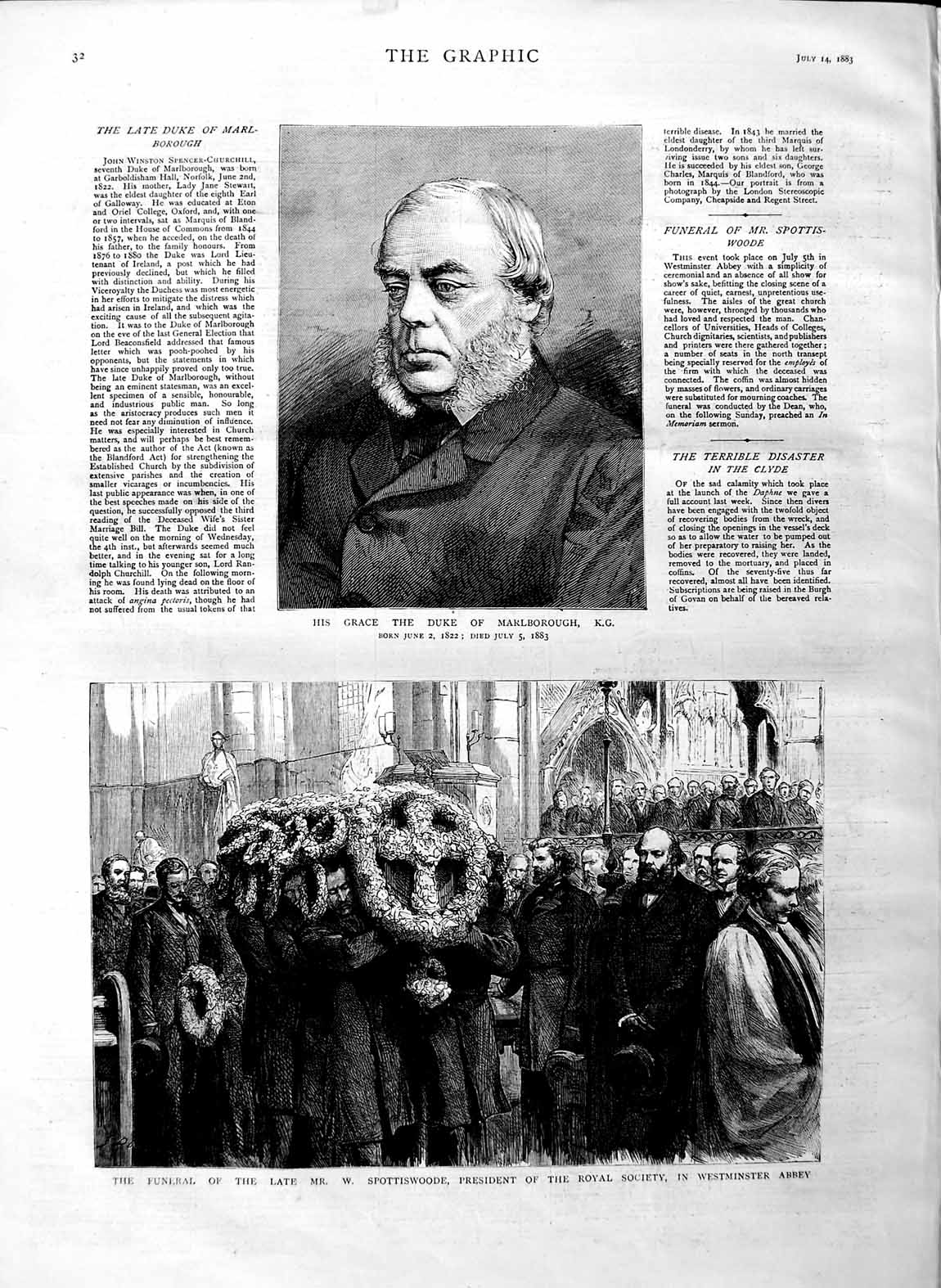 Old Antique Print 1883 Duke Marlborough Funeral Spottiswoode Westminster 19th