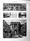 Original Old Antique Print 1883 Southampton Bar Gate England Architecture 19th