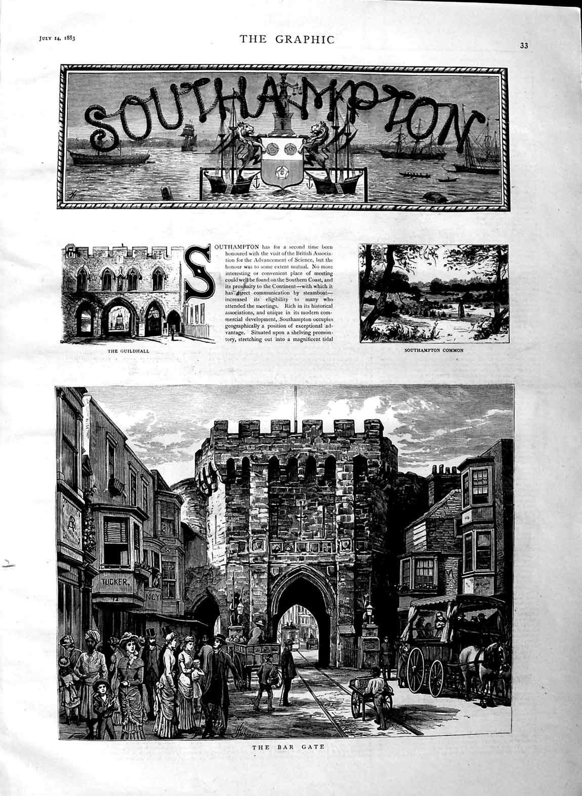 Original Old Antique Print 1883 Southampton Bar Gate England Architecture 19th