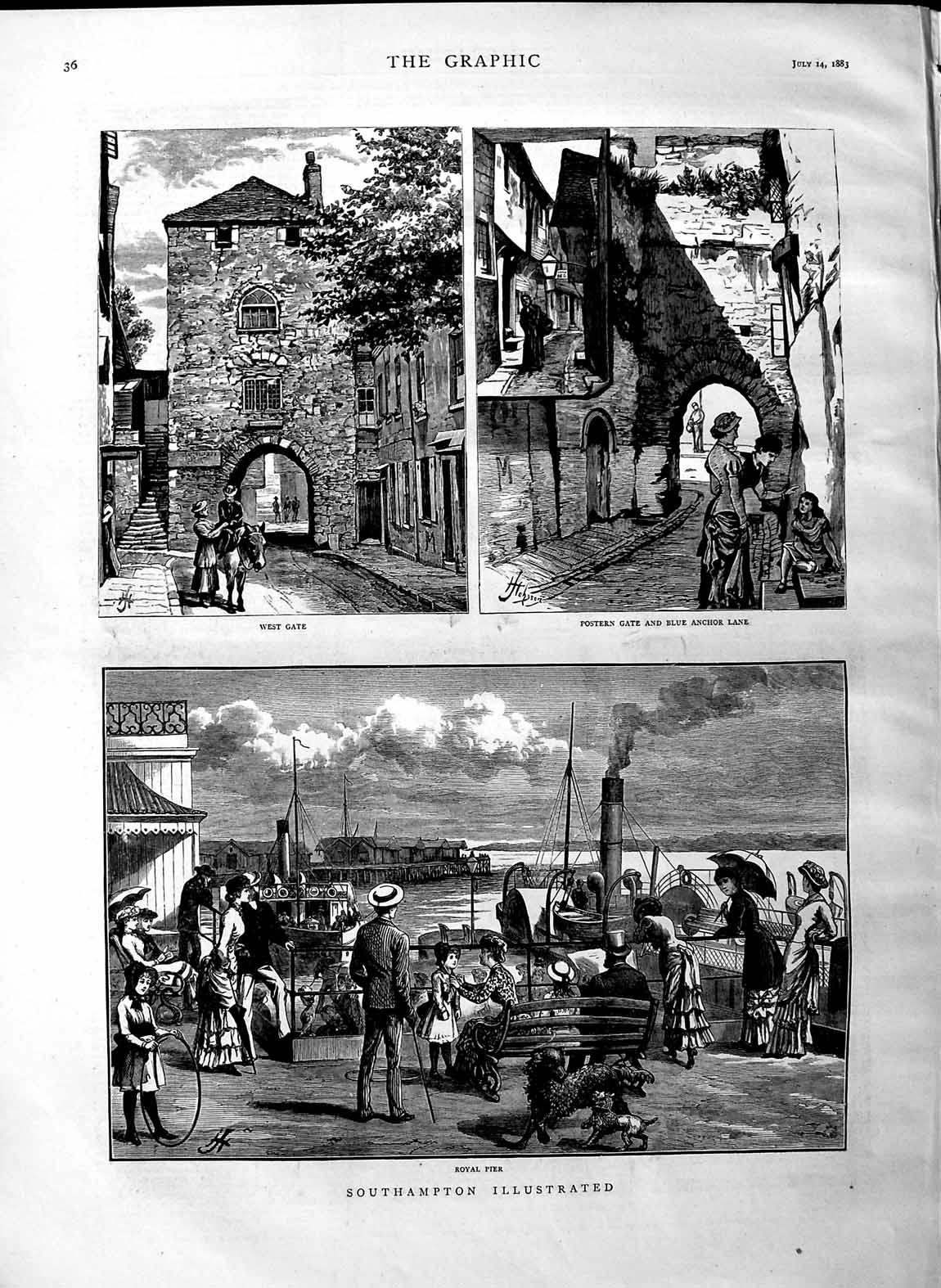 Original Old Antique Print 1883 Southampton Royal Pier Postern Gate Blue Anchor