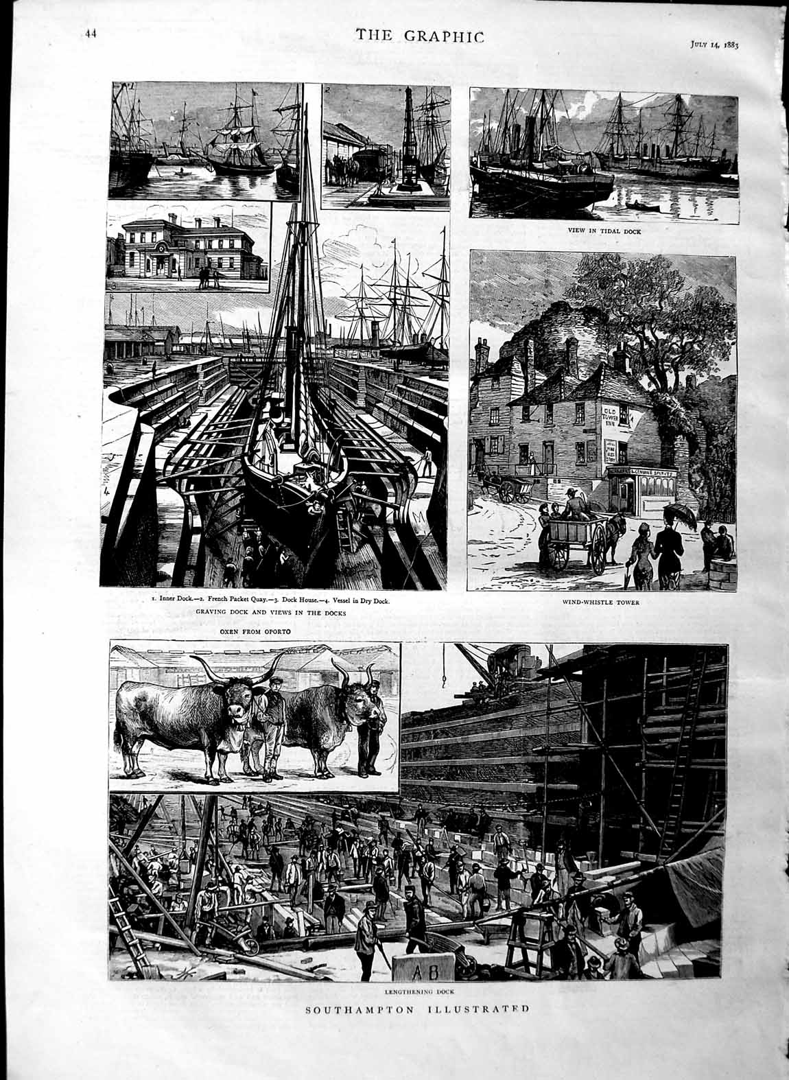 Old Antique Print 1883 Southampton Graving Dock Oxen Wind-Whistle Tower 19th
