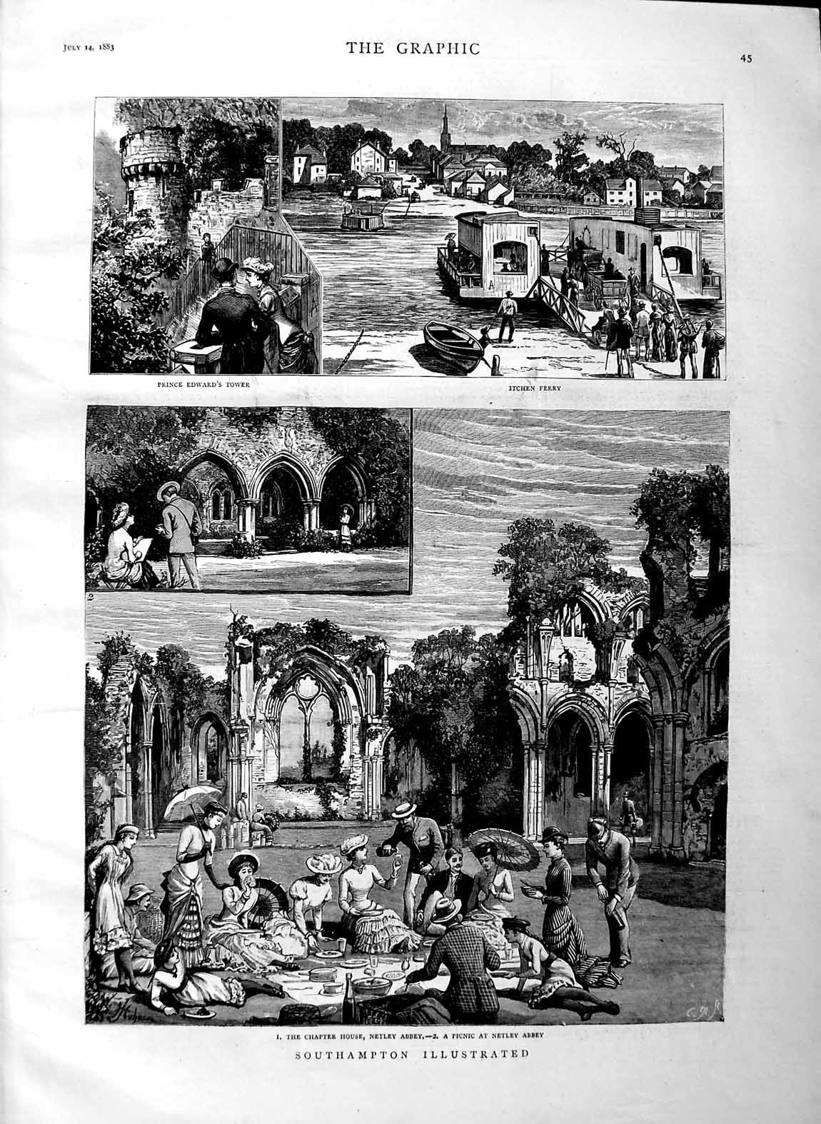 Original Old Antique Print 1883 Southampton Netley Abbey Prince Edward Tower