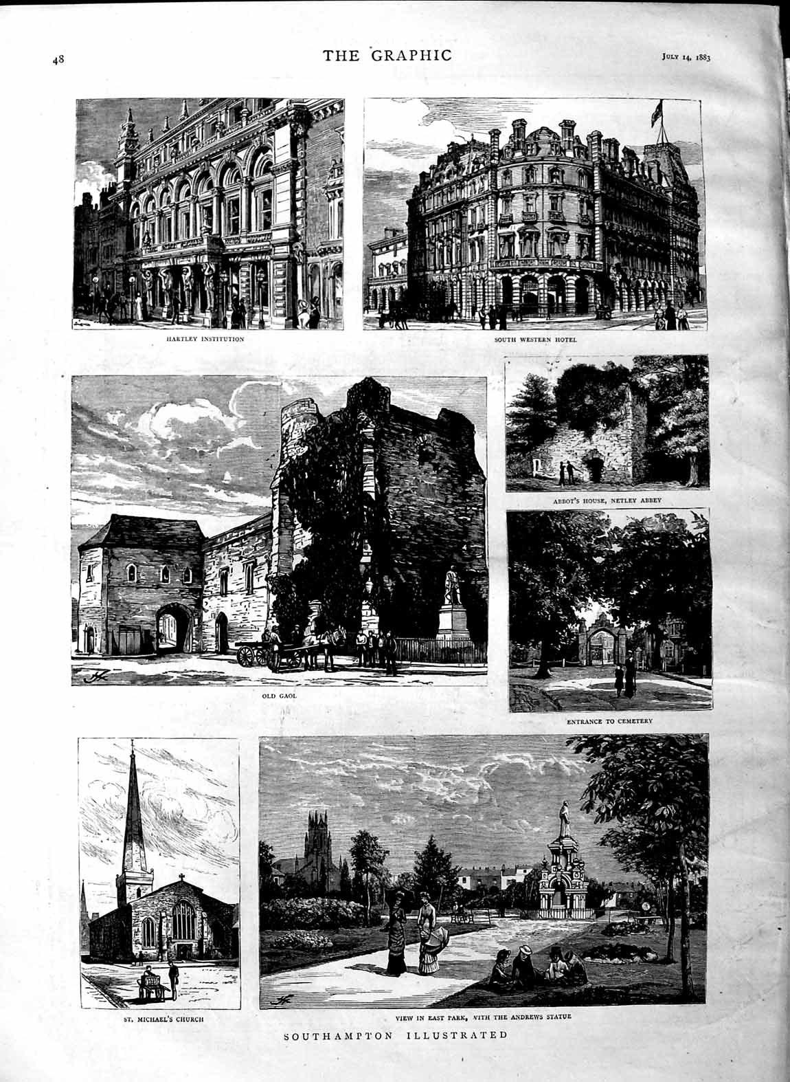 Original Old Antique Print 1883 Southampton Andrews Statue Church Netley Abbey