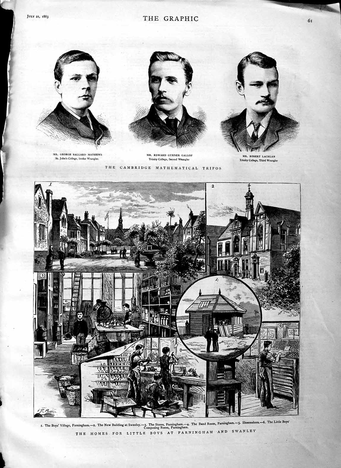 Original Old Antique Print 1883 Boys Home Farningham Swanley Mathews Gallop Men