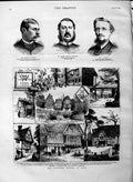 Original Old Antique Print 1883 Timbered Houses Kent Lowndes Pakenham Shaw Men