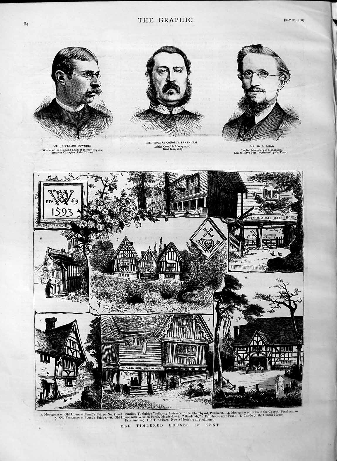 Original Old Antique Print 1883 Timbered Houses Kent Lowndes Pakenham Shaw Men